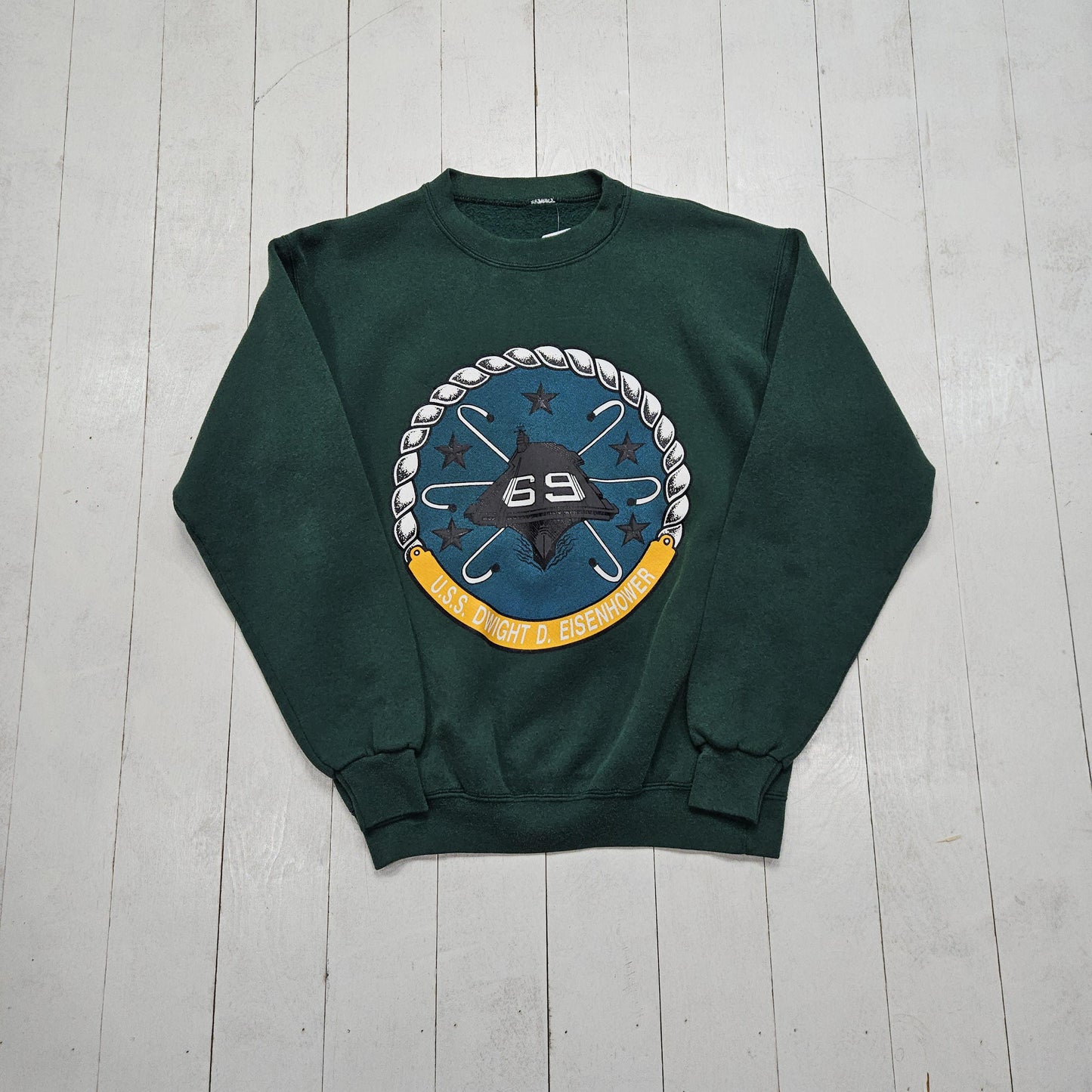 1990s Green USS Dwight D Eisenhower 69 "IKE" Aircraft Carrier US Navy Military Sweatshirt Size M