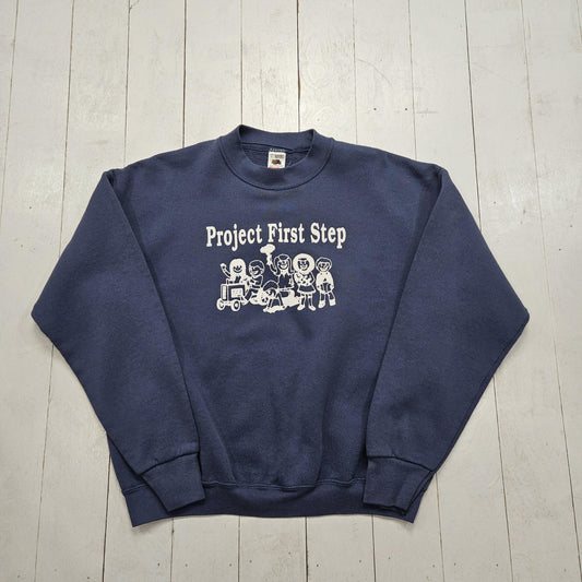 1990s Fruit of the Loom Blue Grey Project First Step Sweatshirt Made in USA Size M