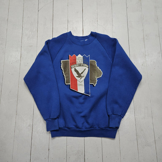 1990s 1991 Fruit of the Loom Blue Desert Storm Military Raglan Sweatshirt Made in USA Size M