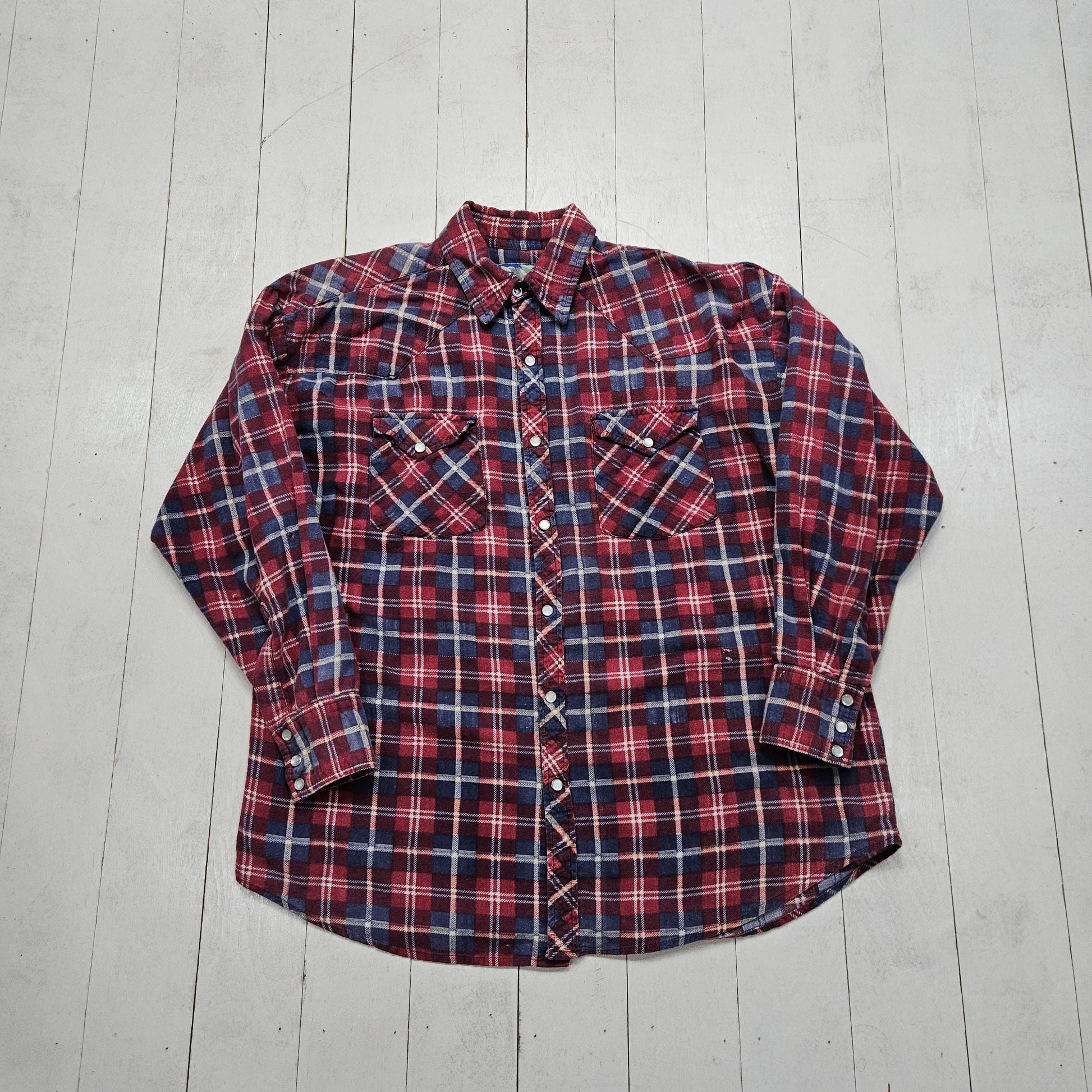 1990s Mountain Resort Red/Blue Plaid Printed Cotton Flannel Pearl Snap Western Shirt L