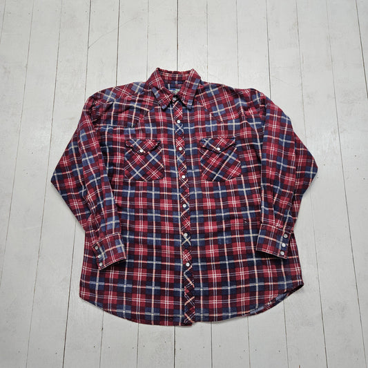 1990s Mountain Resort Red/Blue Plaid Printed Cotton Flannel Pearl Snap Western Shirt L