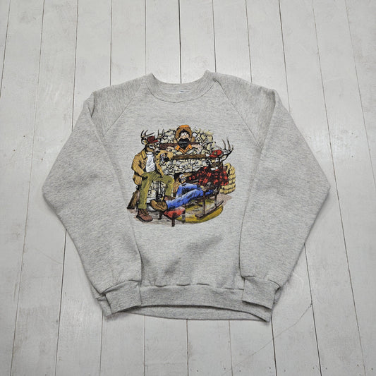 1990s Jerzees Grey Deer Hunter Funny Parody Raglan Sweatshirt Made in USA Size M