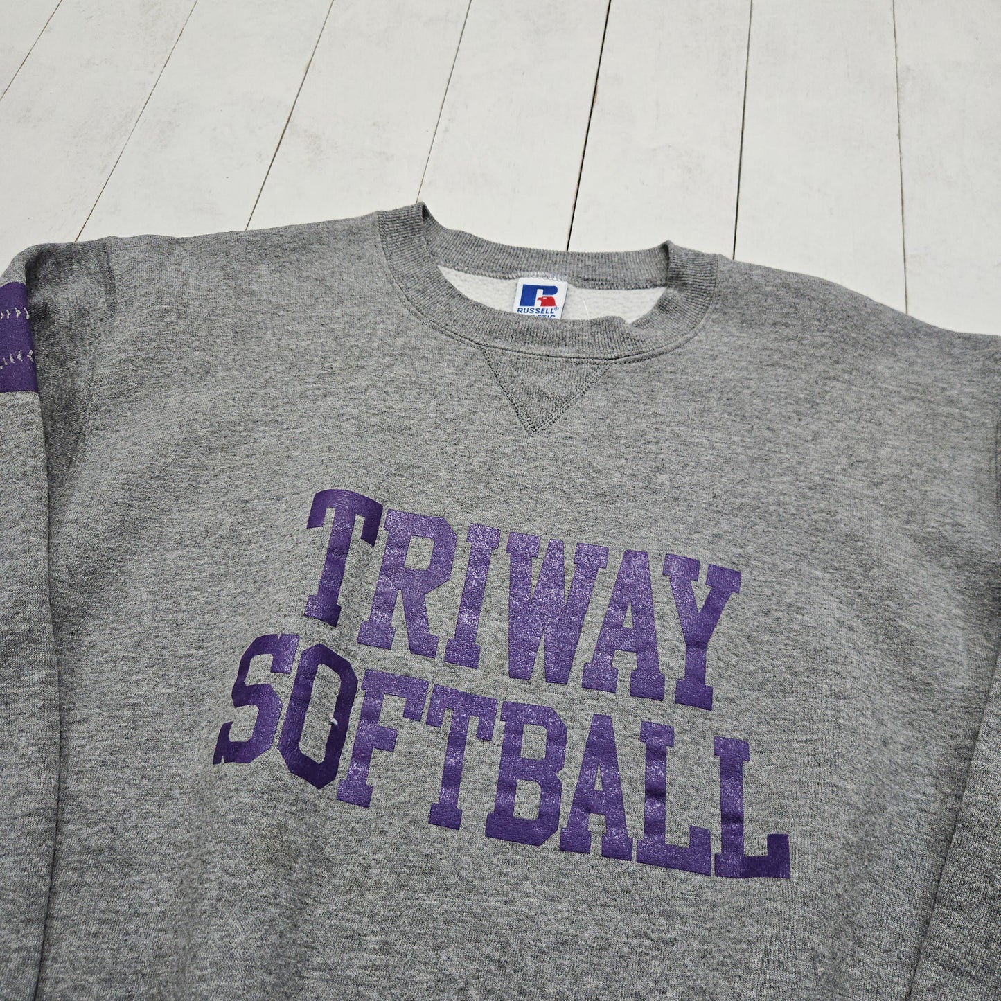 1990s Russell Athletic Grey Triway Softball Sweatshirt Made in USA Size M