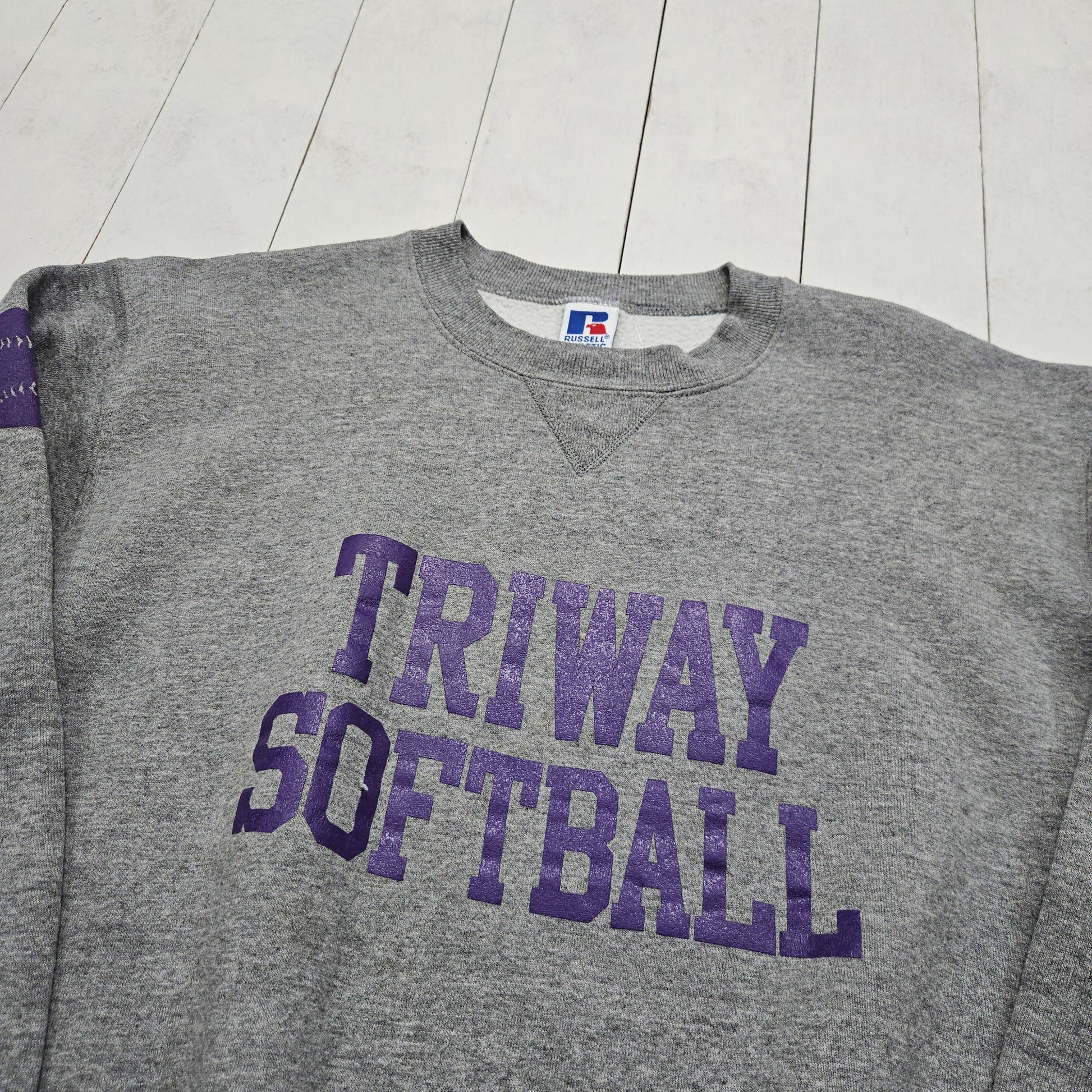 1990s Russell Athletic Grey Triway Softball Sweatshirt Made in USA Size M