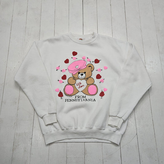 1990s 1992 PM Enterprise White With Love From Pennsylvania Teddy Bear Valentines Sweatshirt Made in USA Size L