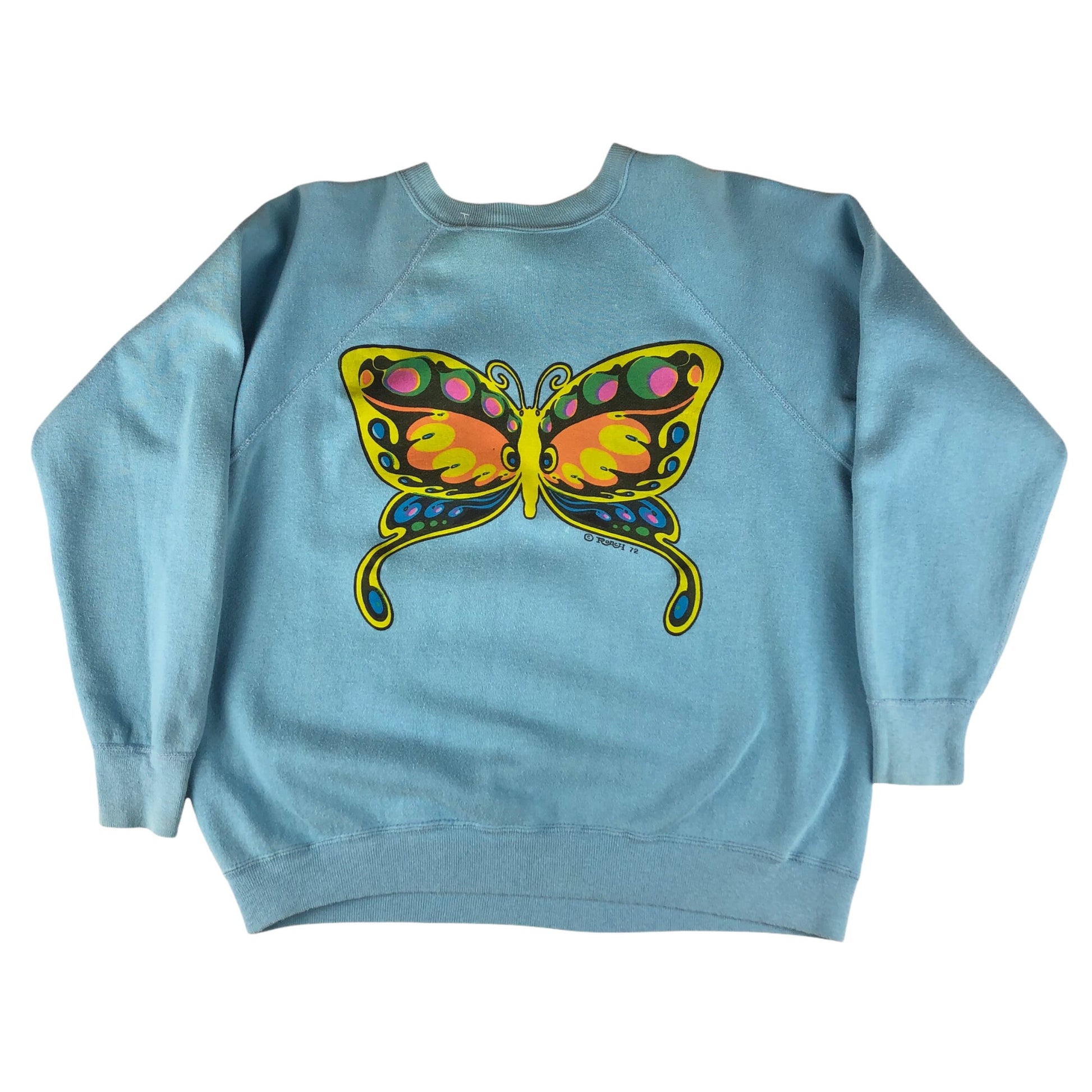 1970s Champion Blue Bar Raglan Sweatshirt Niagara Falls Police Roach Butterfly Print Made in USA Size S/M