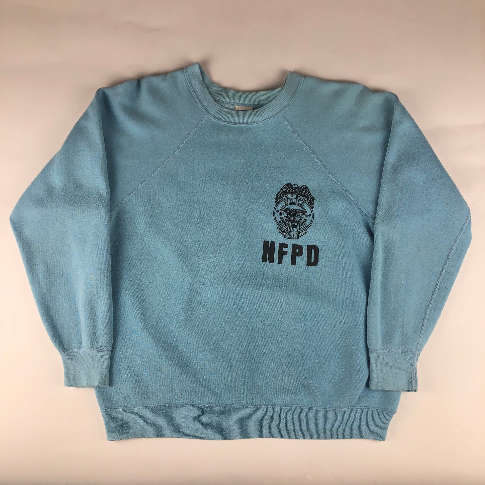 1970s Champion Blue Bar Raglan Sweatshirt Niagara Falls Police Roach Butterfly Print Made in USA Size S/M