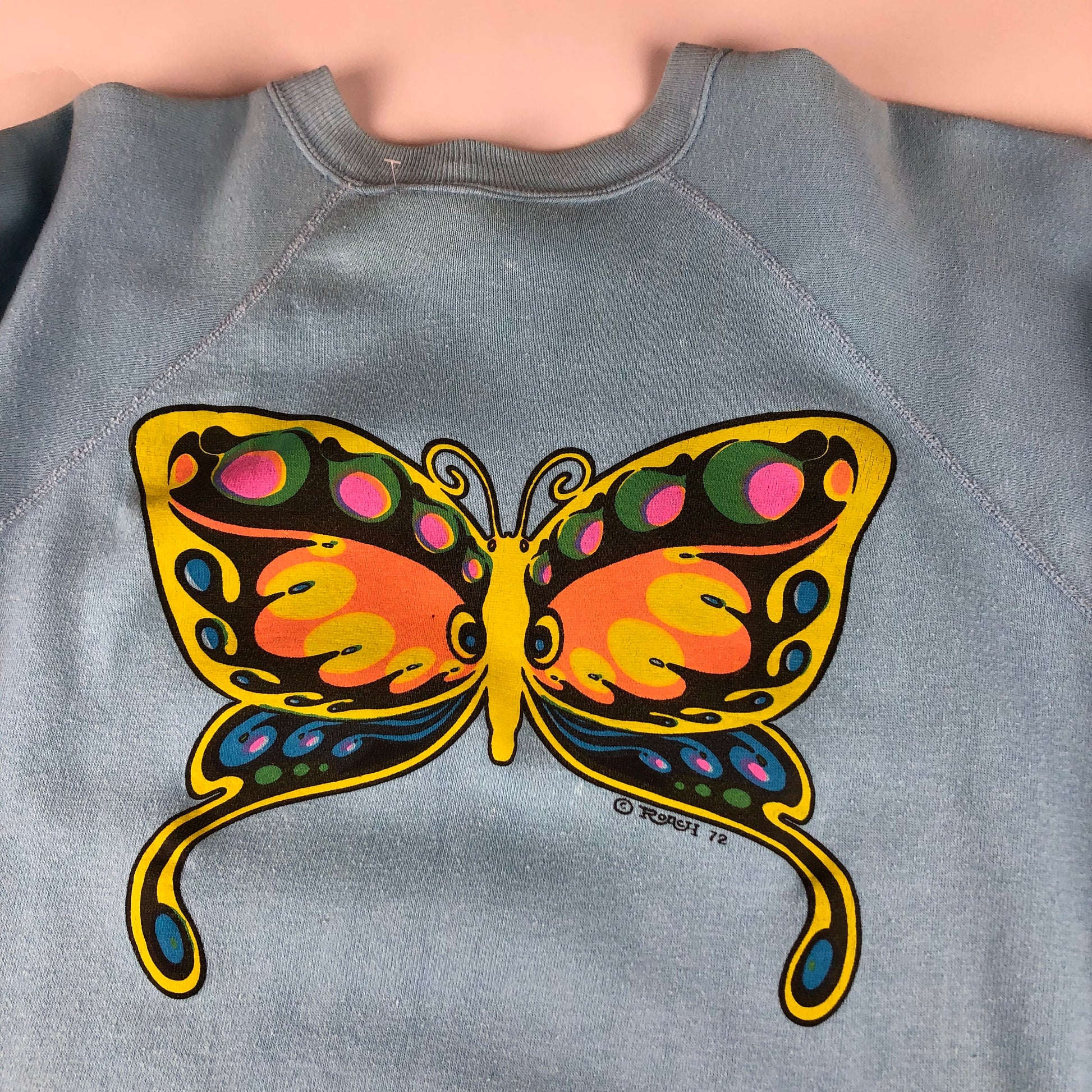 1970s Champion Blue Bar Raglan Sweatshirt Niagara Falls Police Roach Butterfly Print Made in USA Size S/M