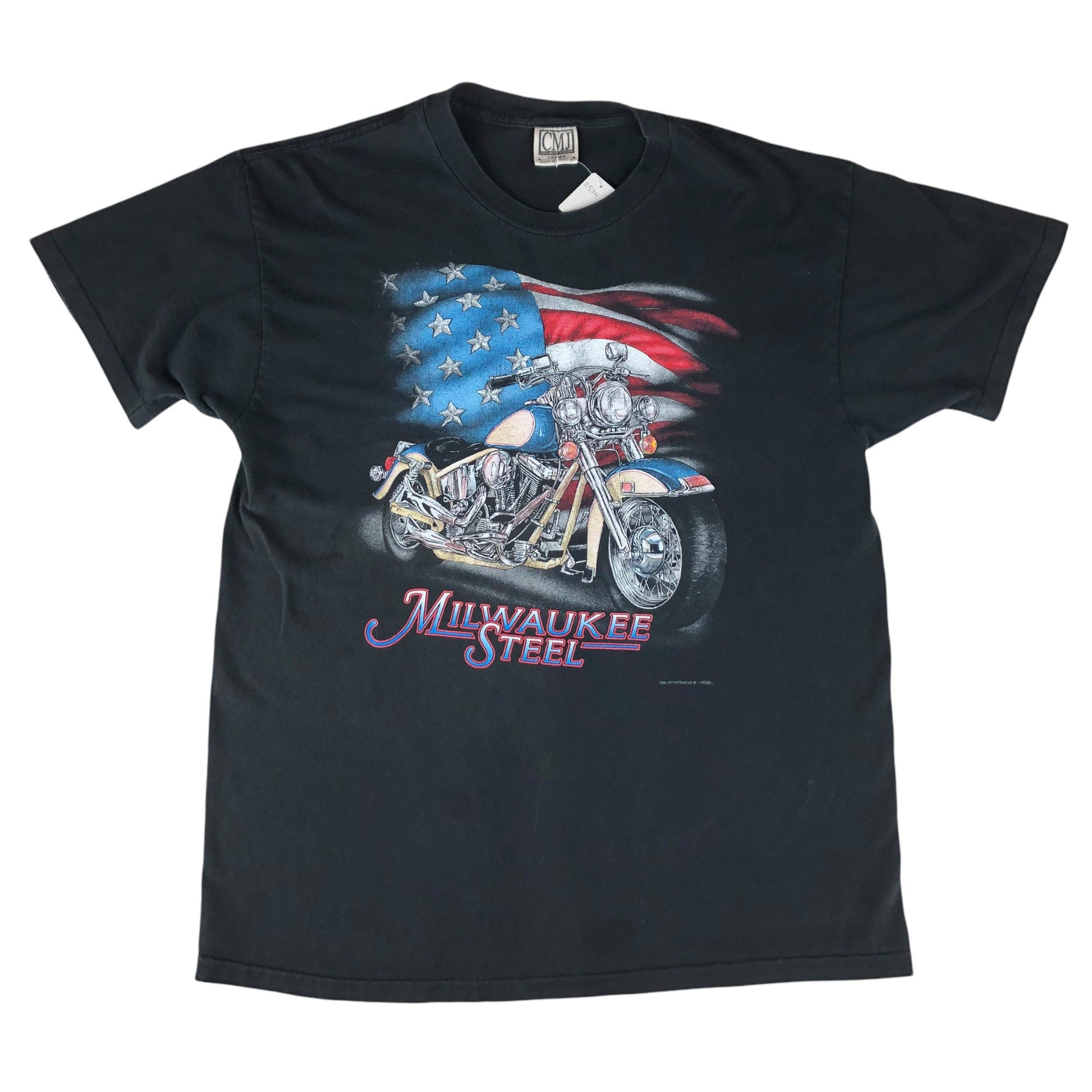 1990s CMJ Milwaukee Steel Motorcycle T-Shirt First Chance Saloon Okinawa Japan Made in USA Size L