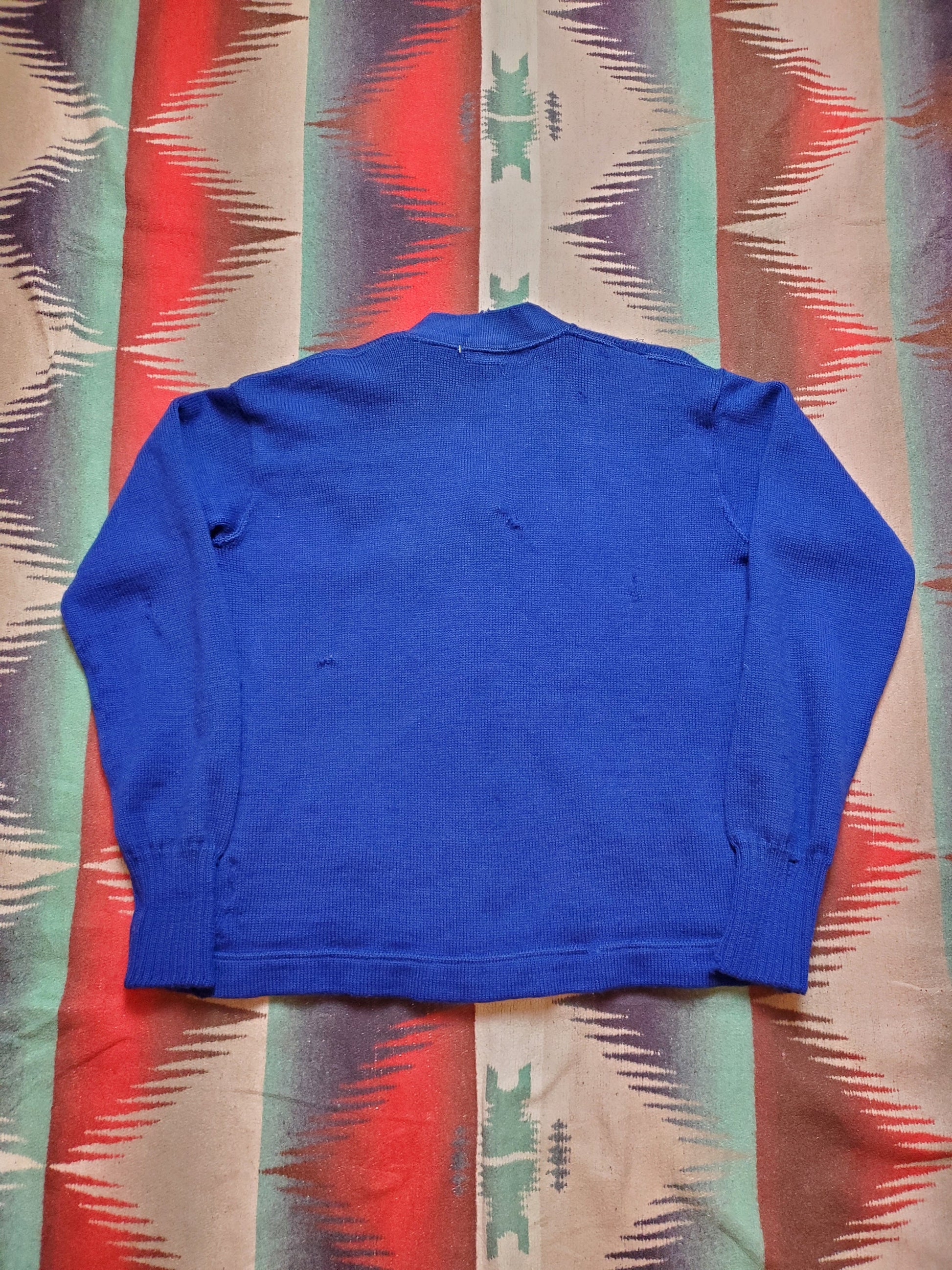 1940s/1950s Sand Knit Blue Varsity Cardigan Sweater Made in USA Size M/L
