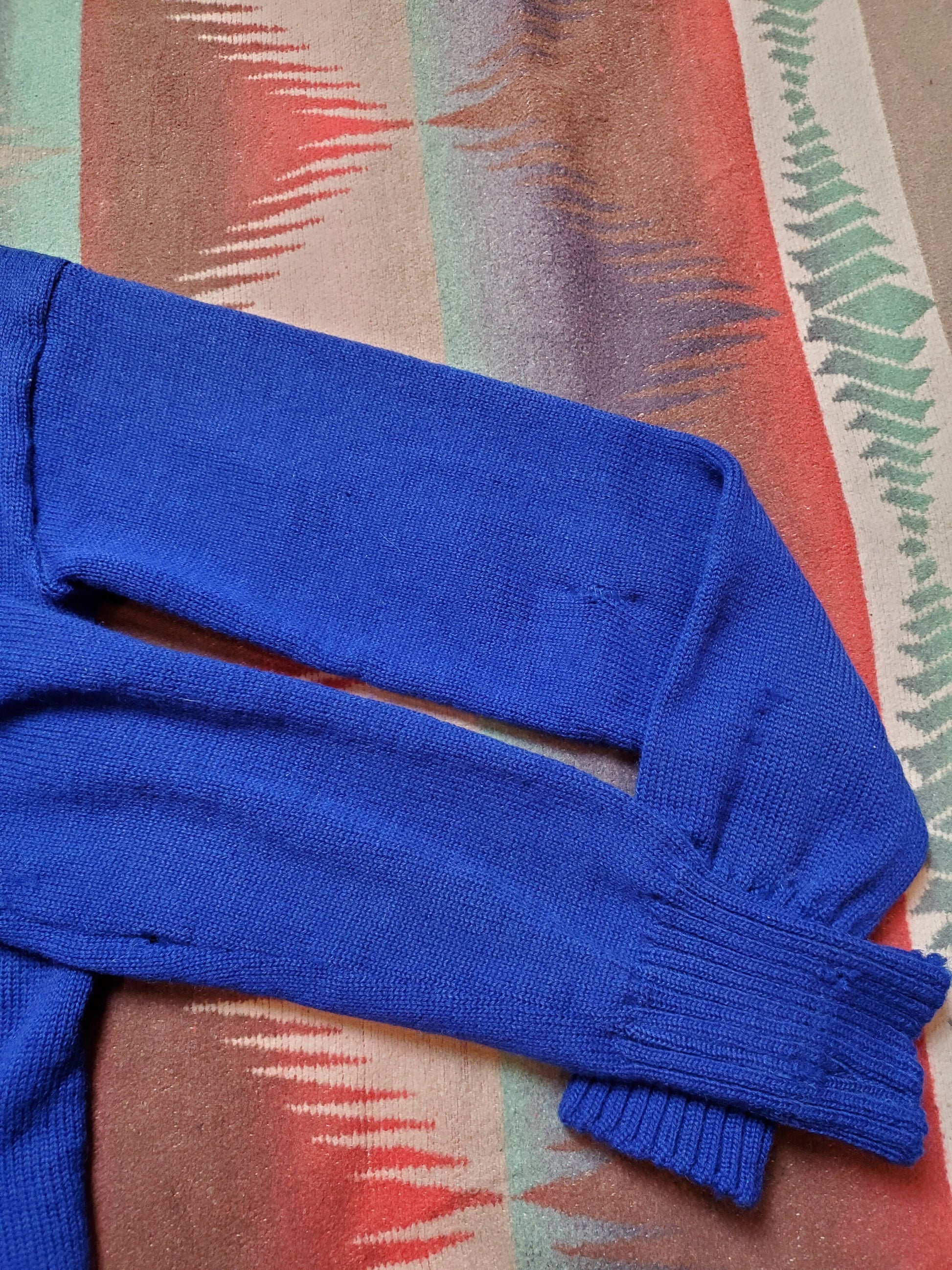 1940s/1950s Sand Knit Blue Varsity Cardigan Sweater Made in USA Size M/L