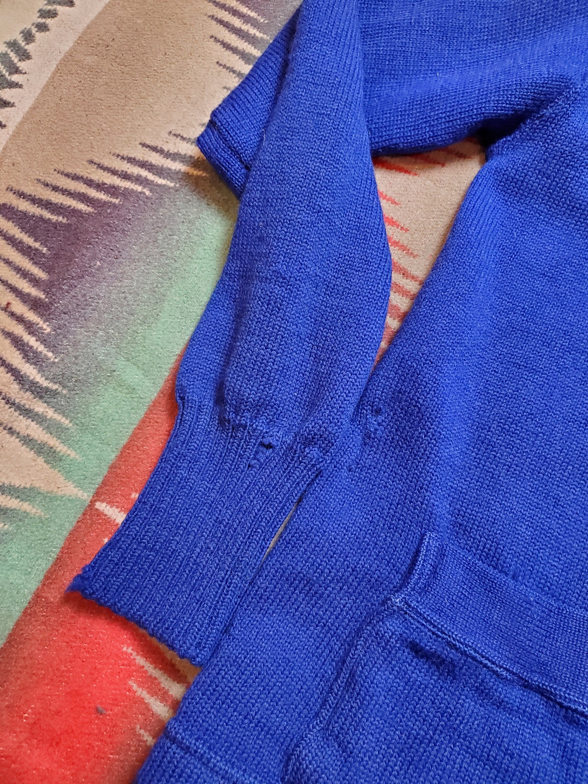 1940s/1950s Sand Knit Blue Varsity Cardigan Sweater Made in USA Size M/L