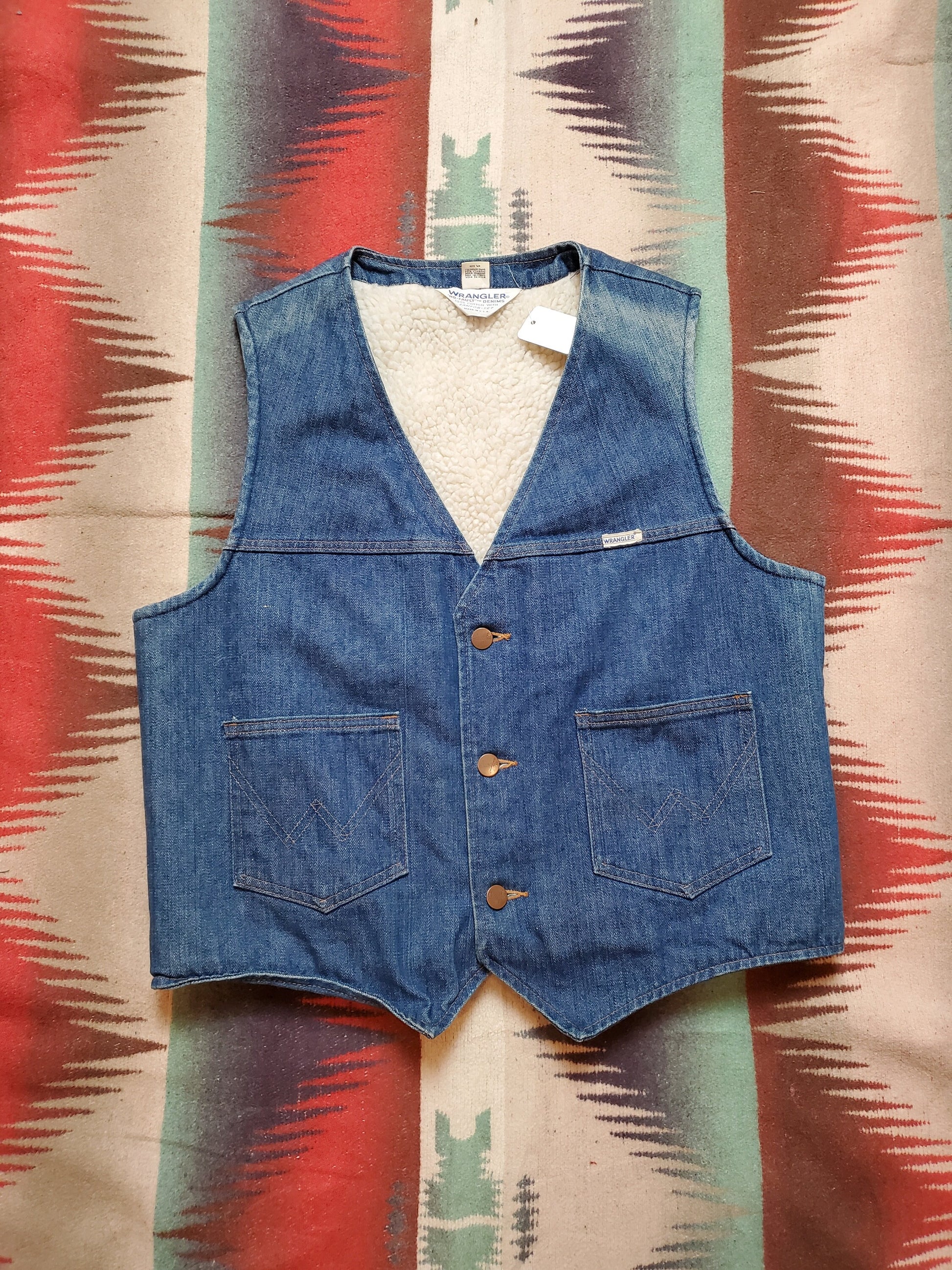 1970s Wrangler No-Faults Sherpa Lined Denim Vest Made in USA Size S/M