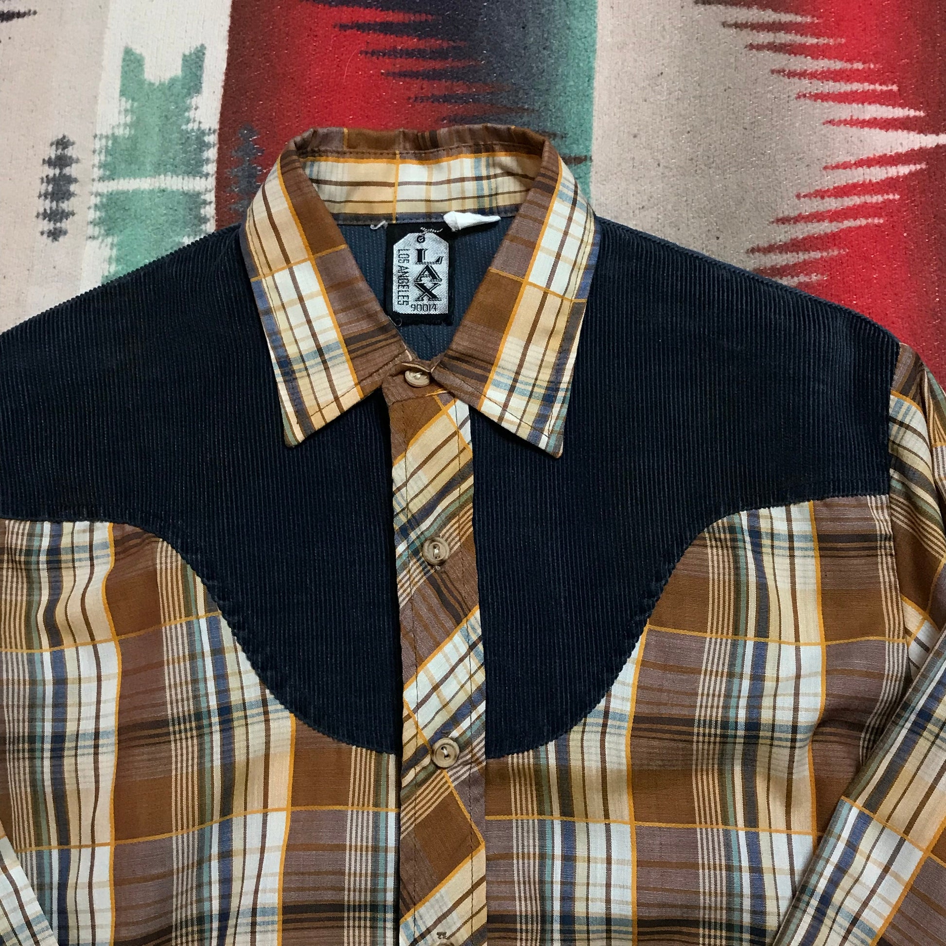 1970s/1980s LAX Western Shirt with Corduroy Accent Made in USA Size S/M