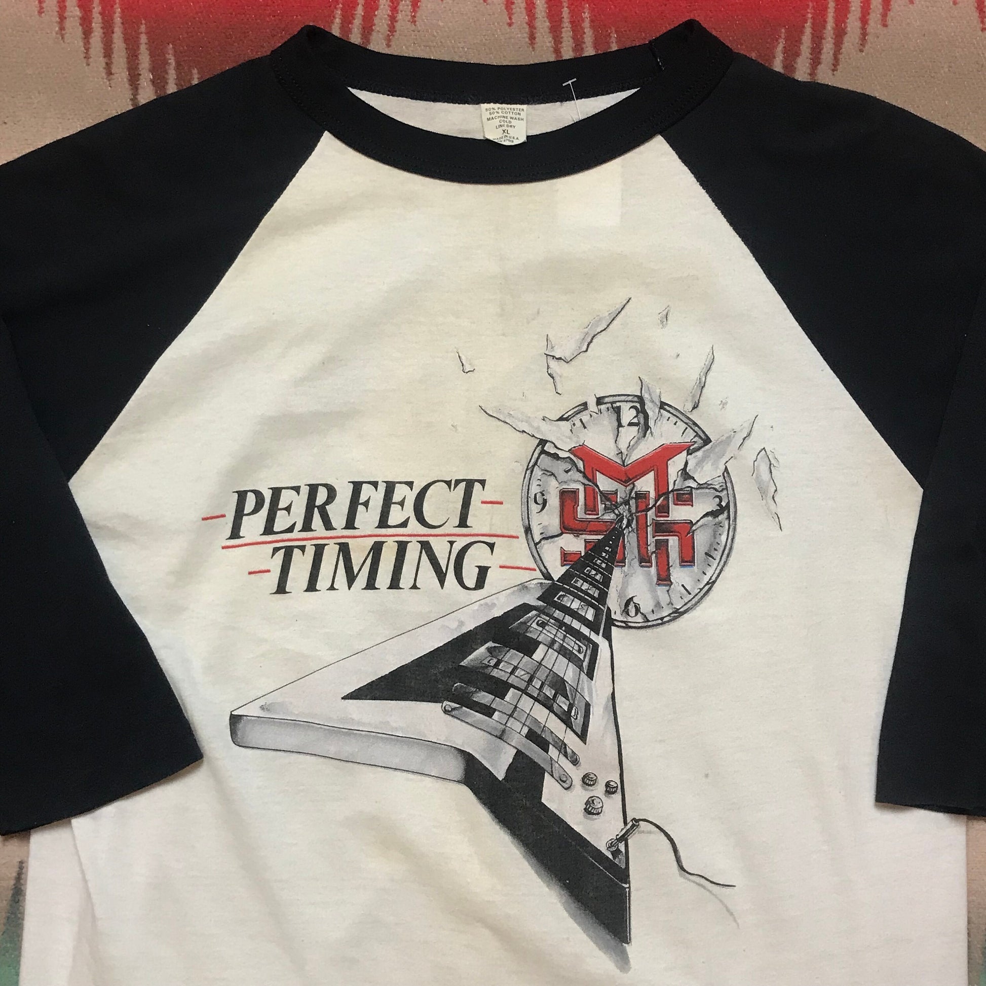 1980s Mcauley Schenker Group Perfect Timing Raglan T-Shirt Made in USA Size S