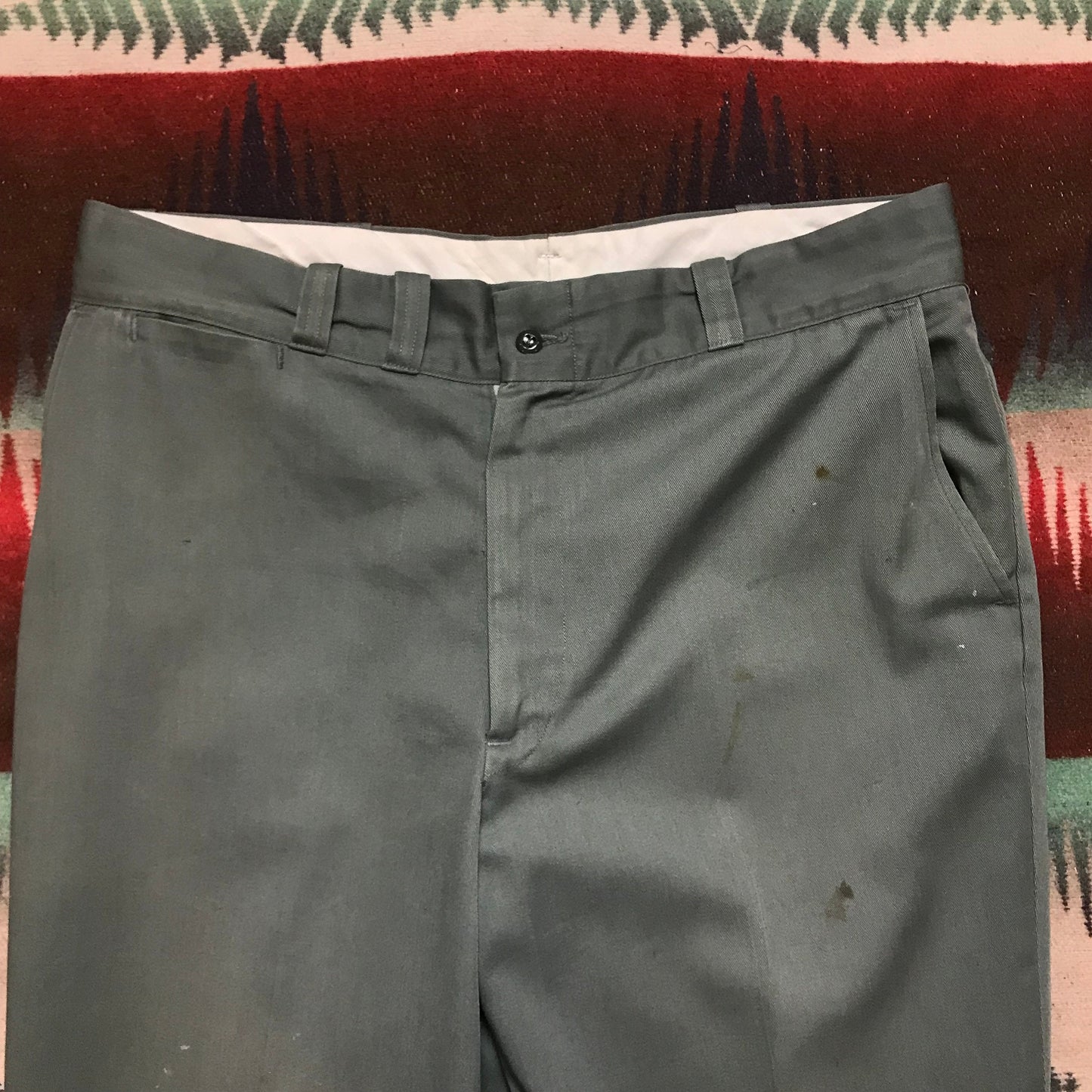 1970s Sage Green Worn In JC Penney Big Mac Work Pants Size 34x27