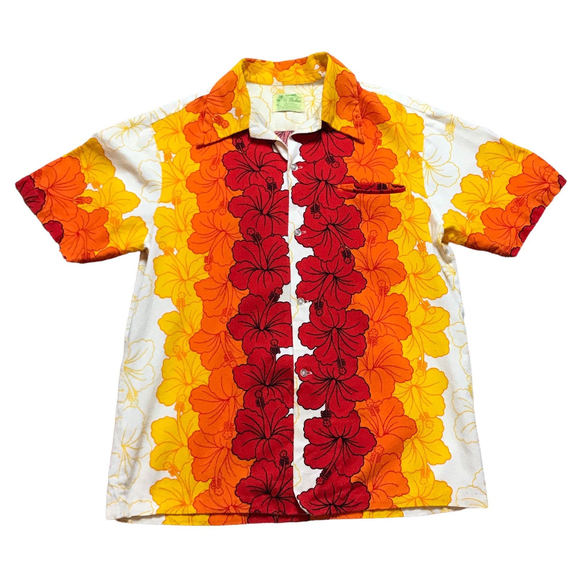 1960s Ui-Maikai Bark Cloth Hibiscus Printed Hawaiian Shirt Made in Hawaii Size M/L