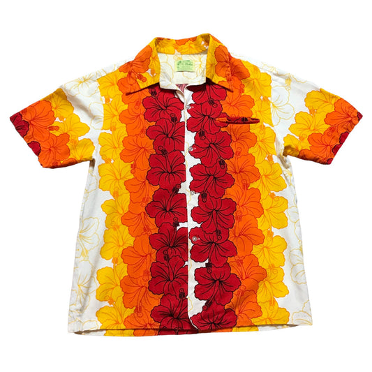 1960s Ui-Maikai Bark Cloth Hibiscus Printed Hawaiian Shirt Made in Hawaii Size M/L