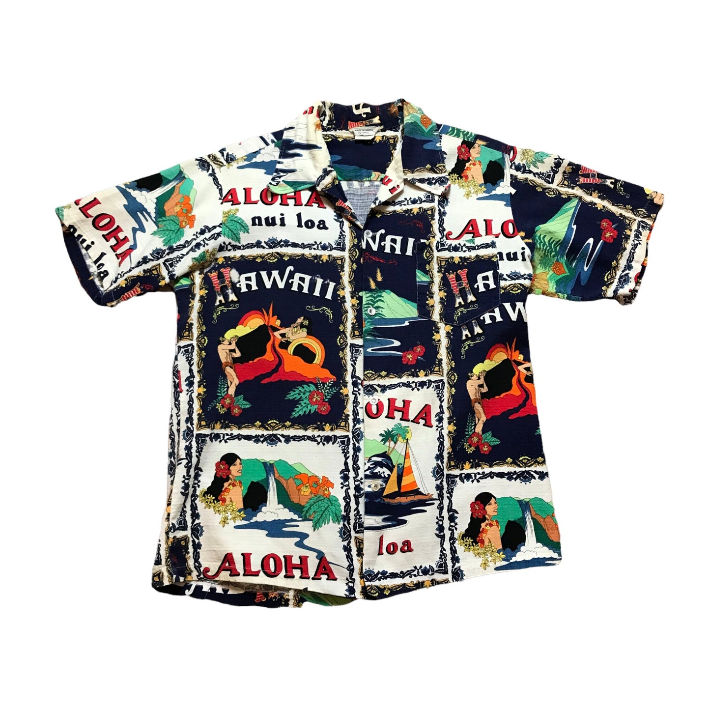 1960s/1970s Garment Factory to You Aloha Novelty Souvenir Print Made in Hawaii Hawaiian Shirt Size L/XL