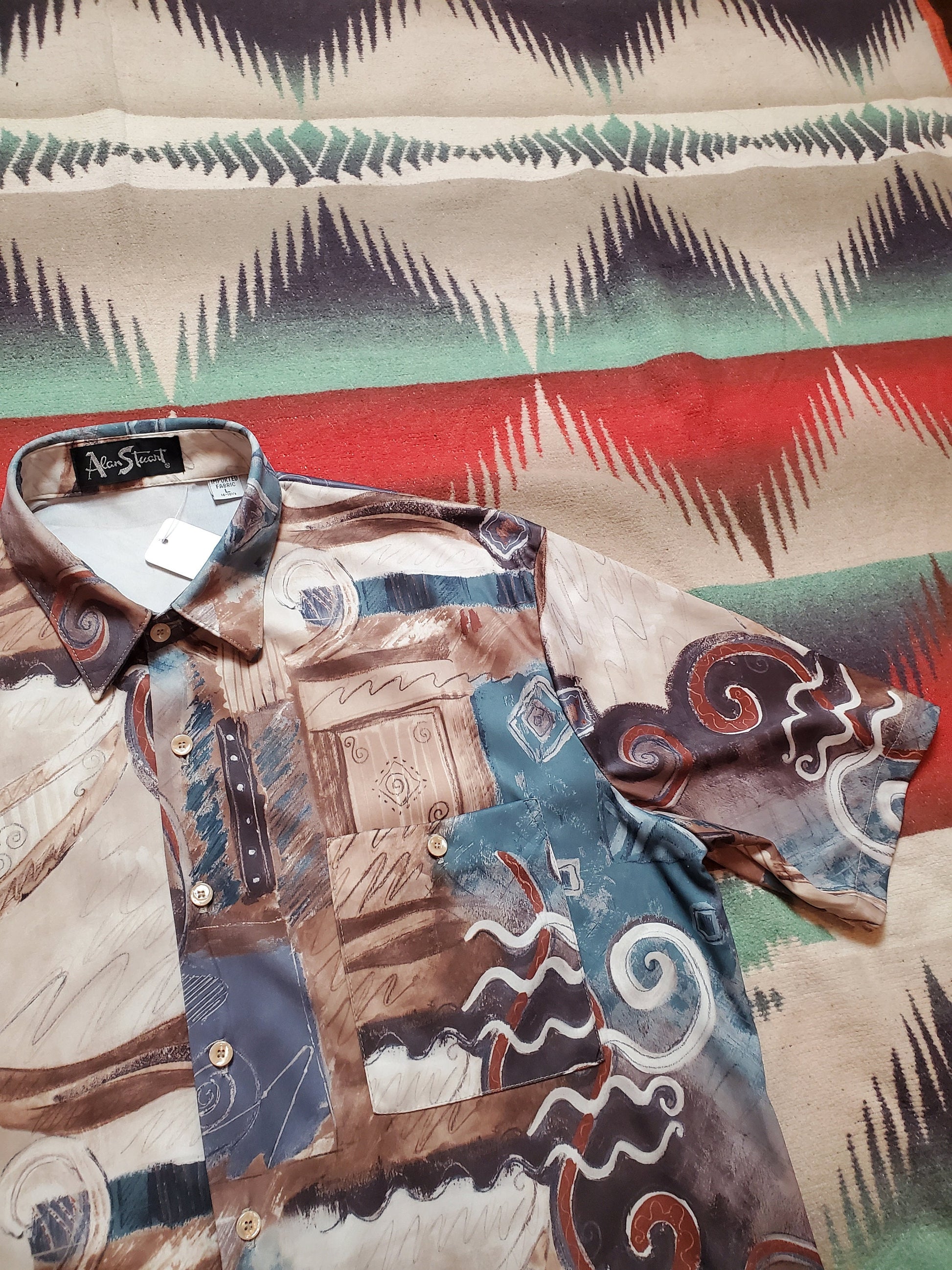 1970s/1980s Alan Stuart Abstract Shortsleeve Button Up Shirt Size L/XL