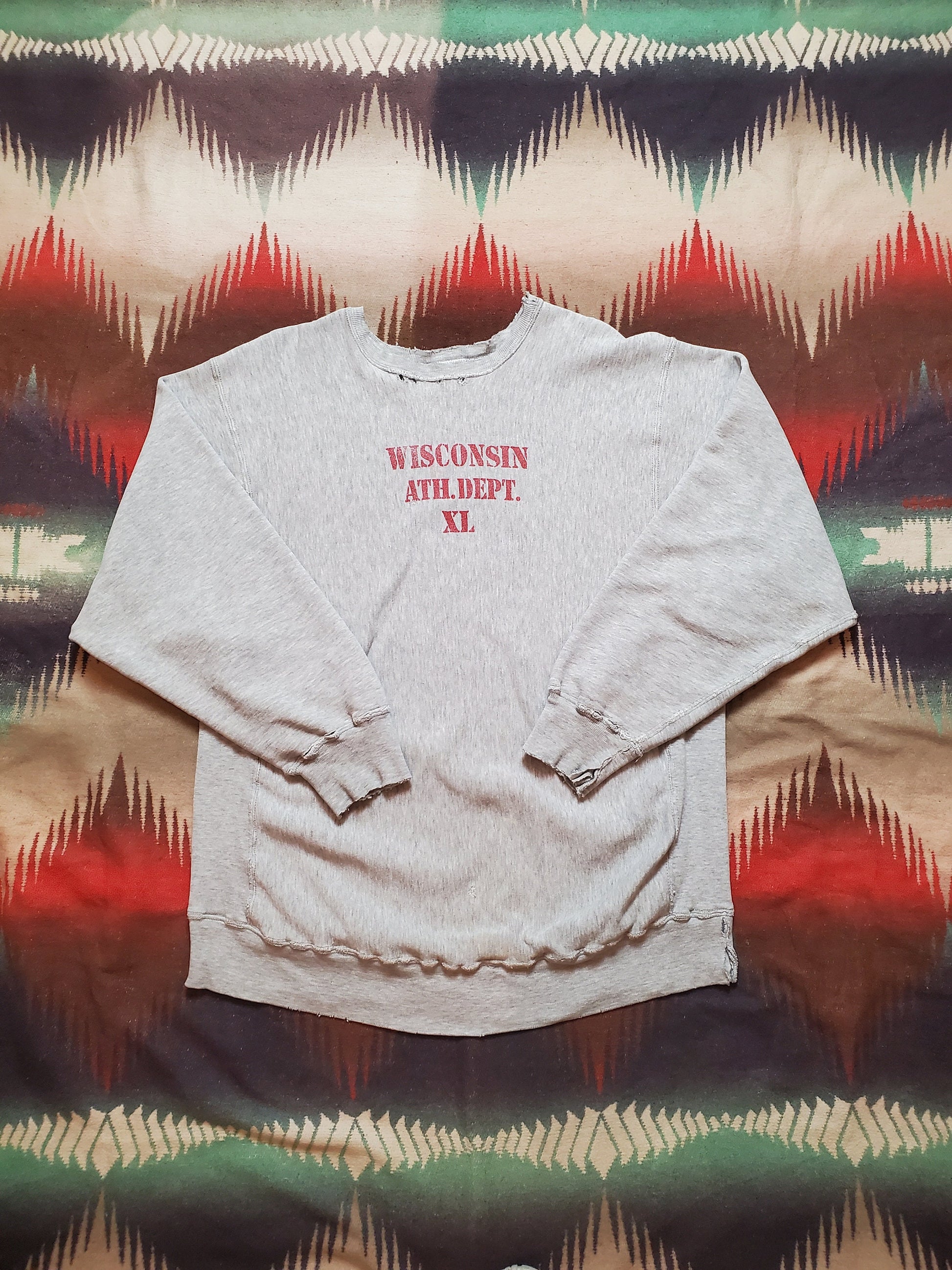 1980s Distressed Macgregor Sandknit Wisconsin Athletic Department Sweatshirt Made in USA Size XL