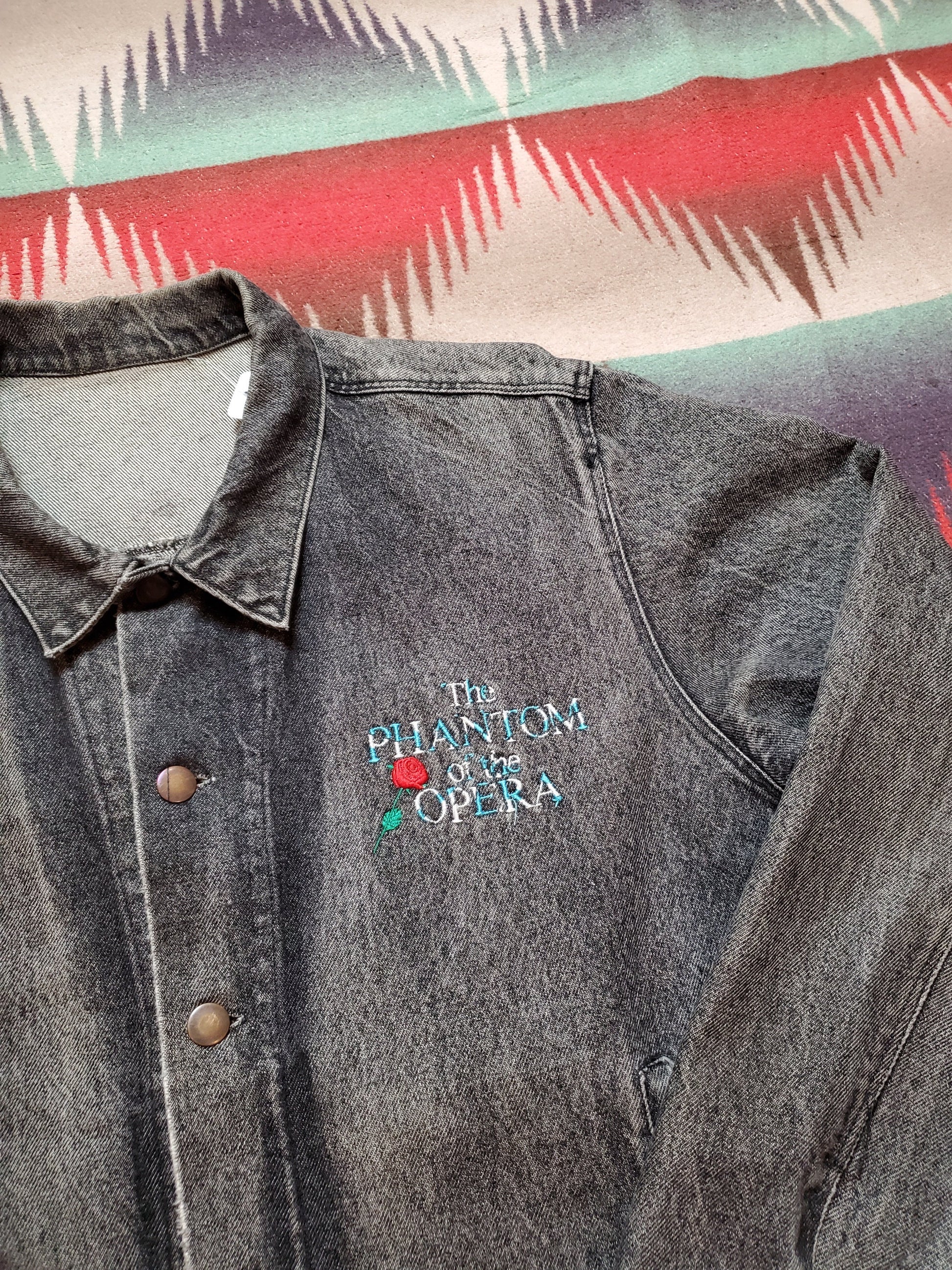 1990s Phantom of the Opera Denim Jacket with Leather Back Patch Size L