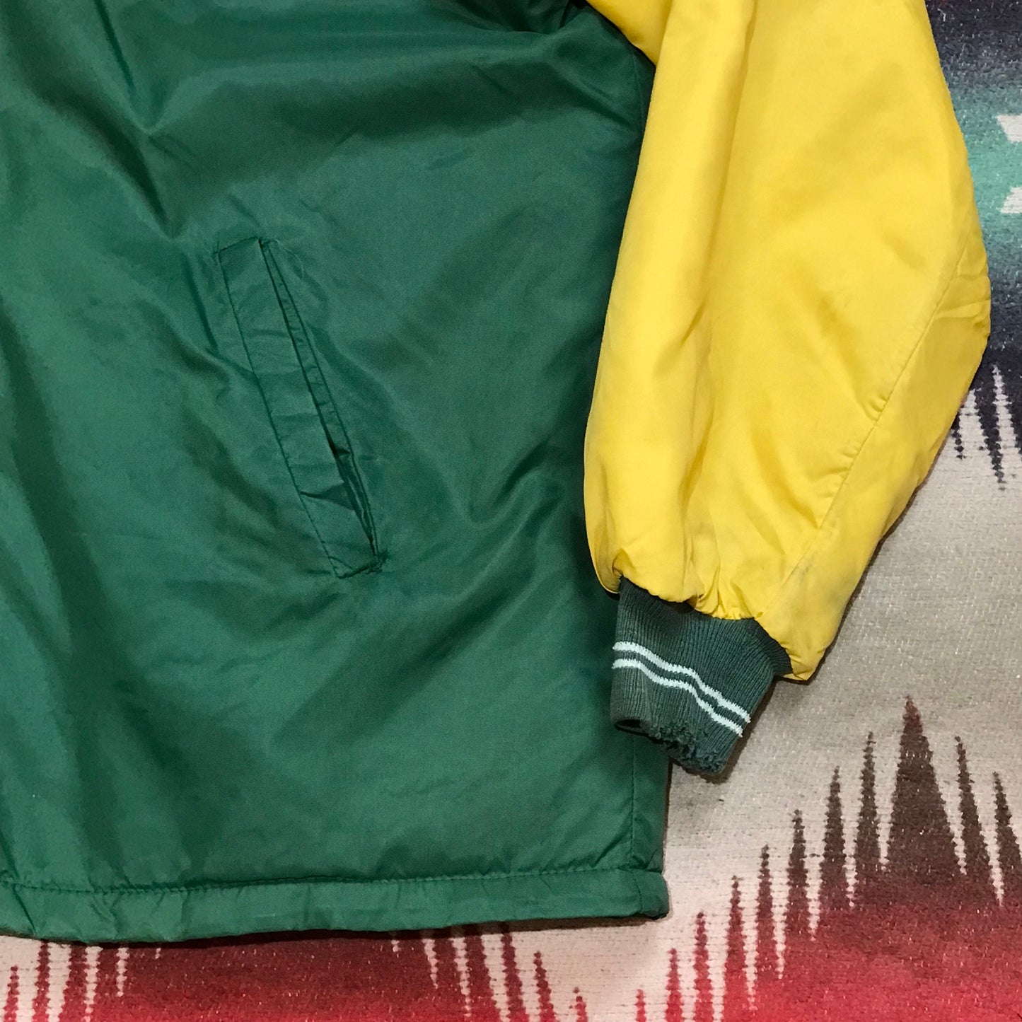 1970s Two Tone Fleece Lined Satin Bomber Jacket "Geo" Hockey Club Size XL