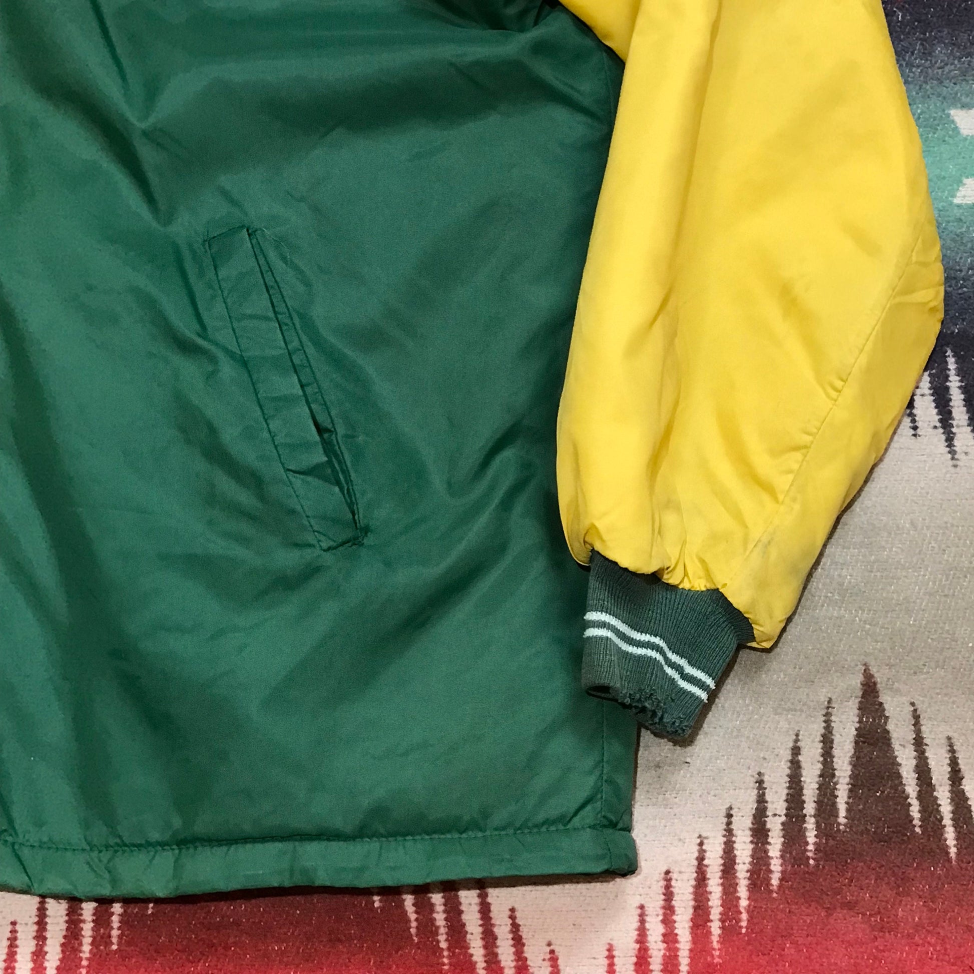 1970s Two Tone Fleece Lined Satin Bomber Jacket "Geo" Hockey Club Size XL