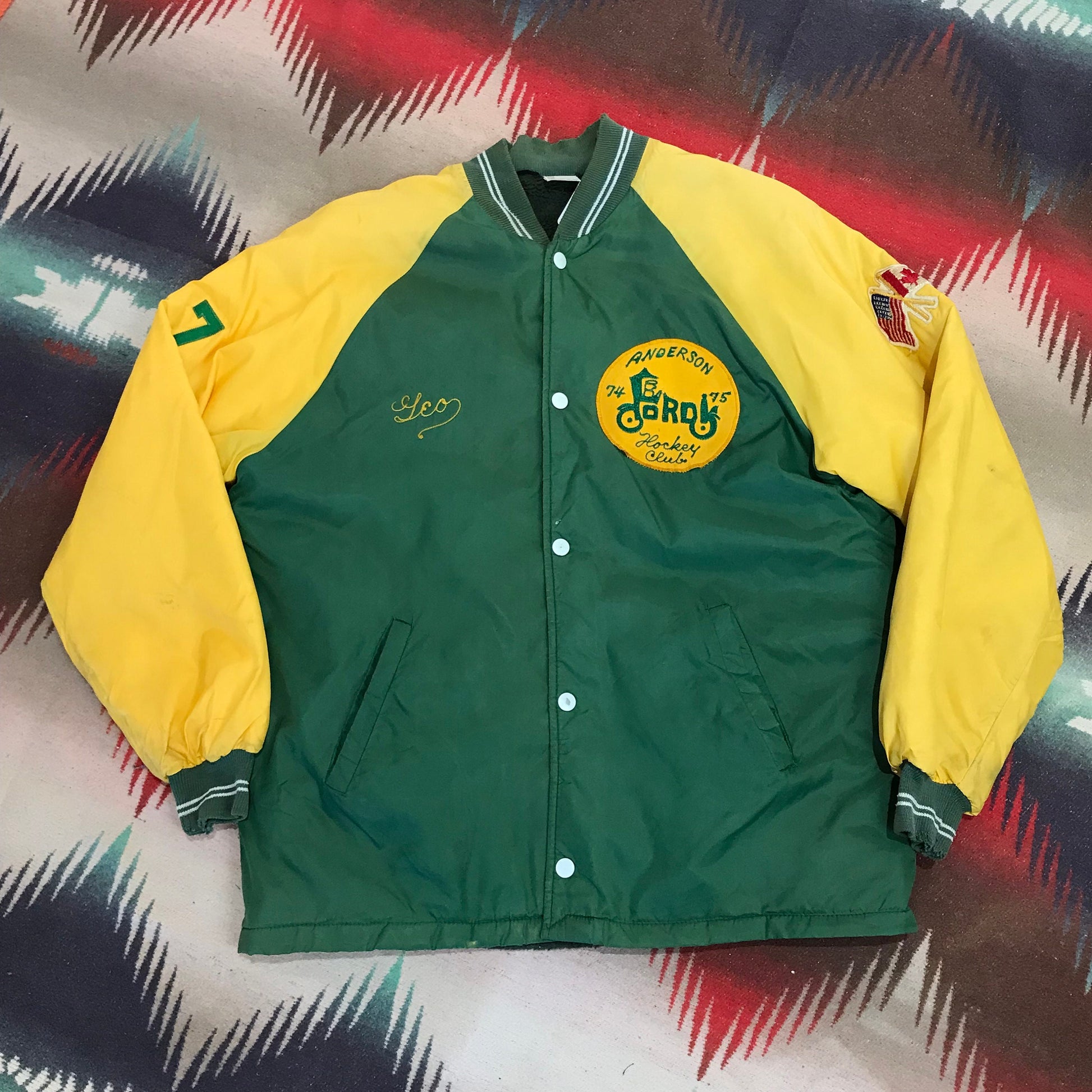 1970s Two Tone Fleece Lined Satin Bomber Jacket "Geo" Hockey Club Size XL