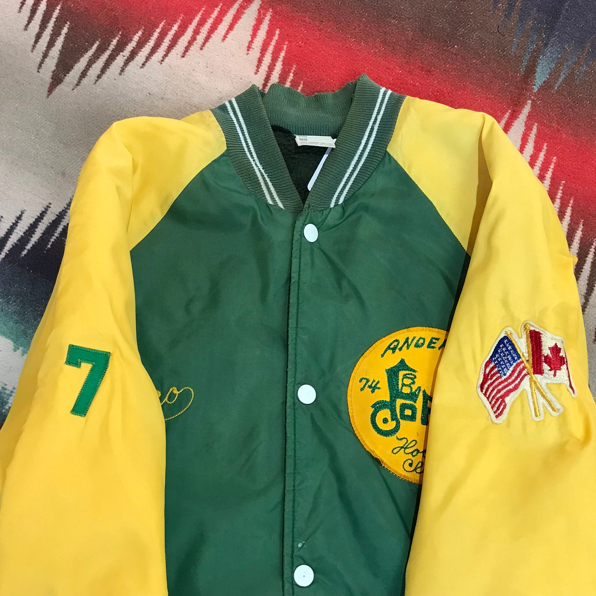 1970s Two Tone Fleece Lined Satin Bomber Jacket "Geo" Hockey Club Size XL