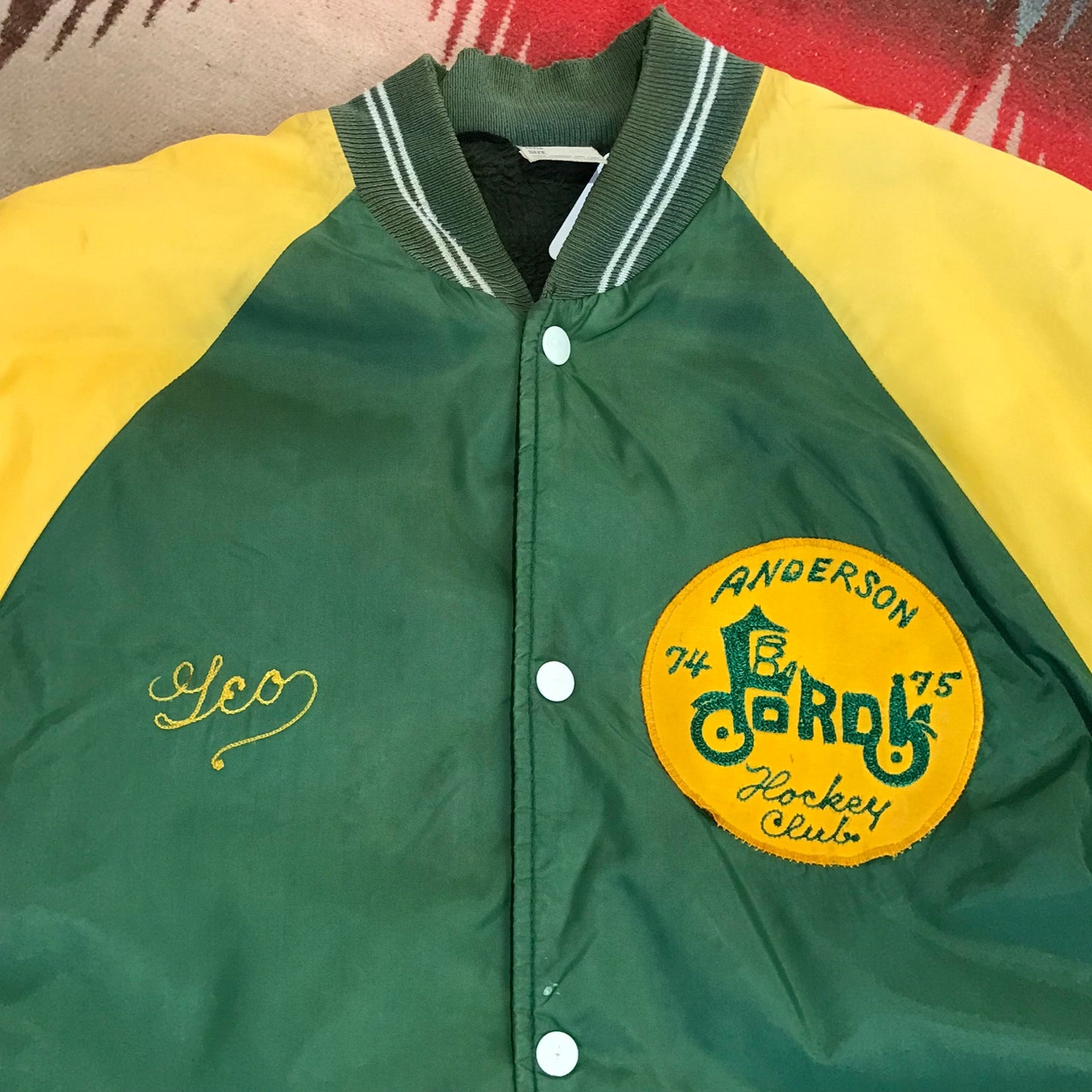 1970s Two Tone Fleece Lined Satin Bomber Jacket "Geo" Hockey Club Size XL
