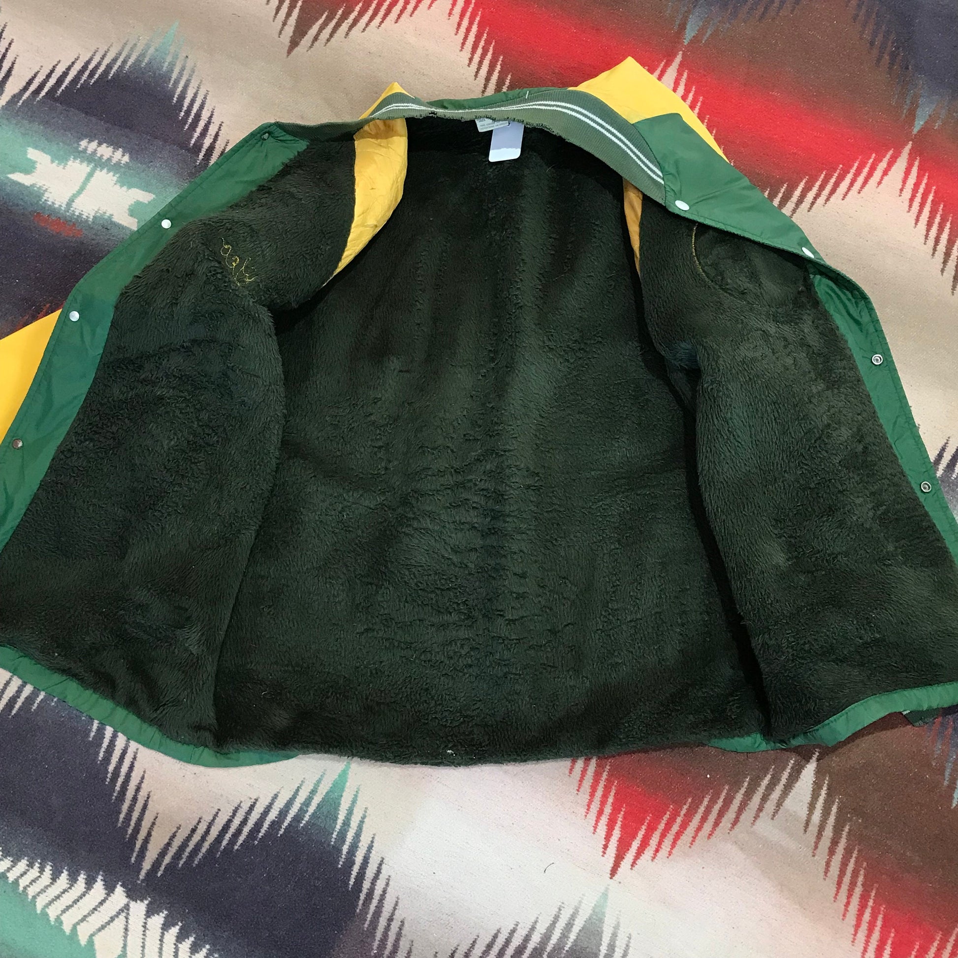 1970s Two Tone Fleece Lined Satin Bomber Jacket "Geo" Hockey Club Size XL