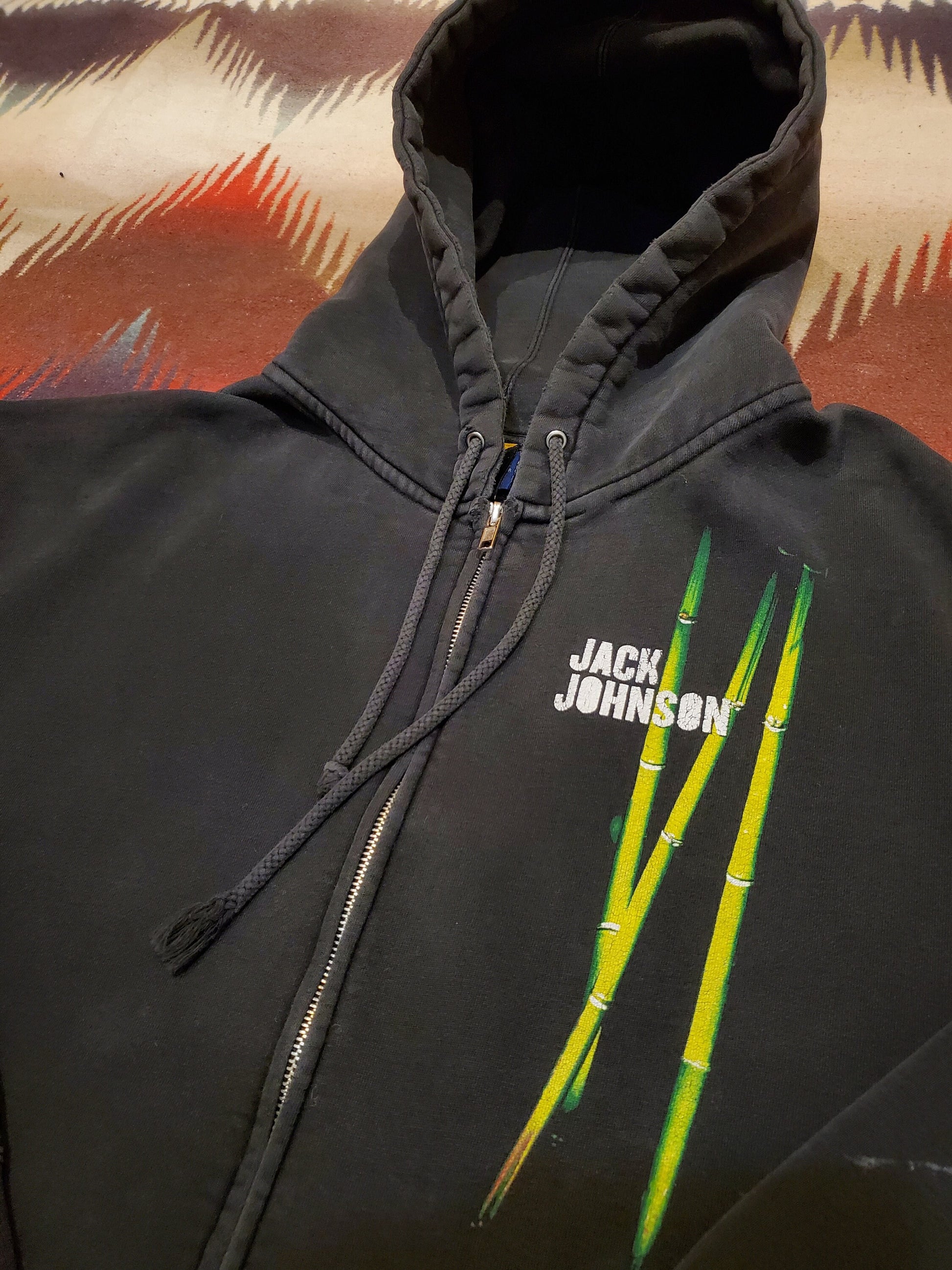 2000s Bushfire Records Jack Johnson Bamboo Print Zip Up Hoodie Sweatshirt Size XL/XXL