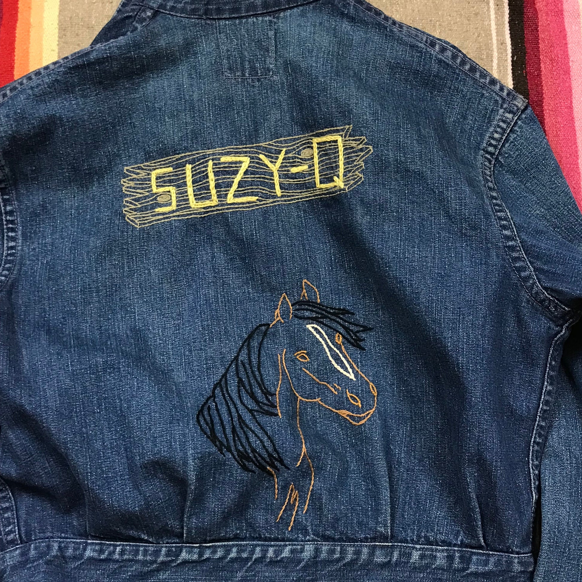 1950s Levi's Shorthorn Denim Ranch Jacket Embroidered "Vicky" Suzy Q Horse Made in USA Womens Size XS/S