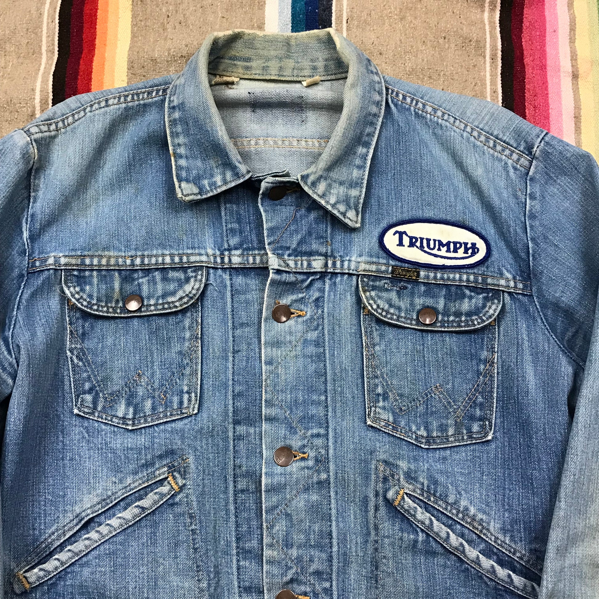1960s Wrangler Distressed Wrangler Selvedge Denim Jacket with Triumph Motorcycle Patch Made in USA Size M