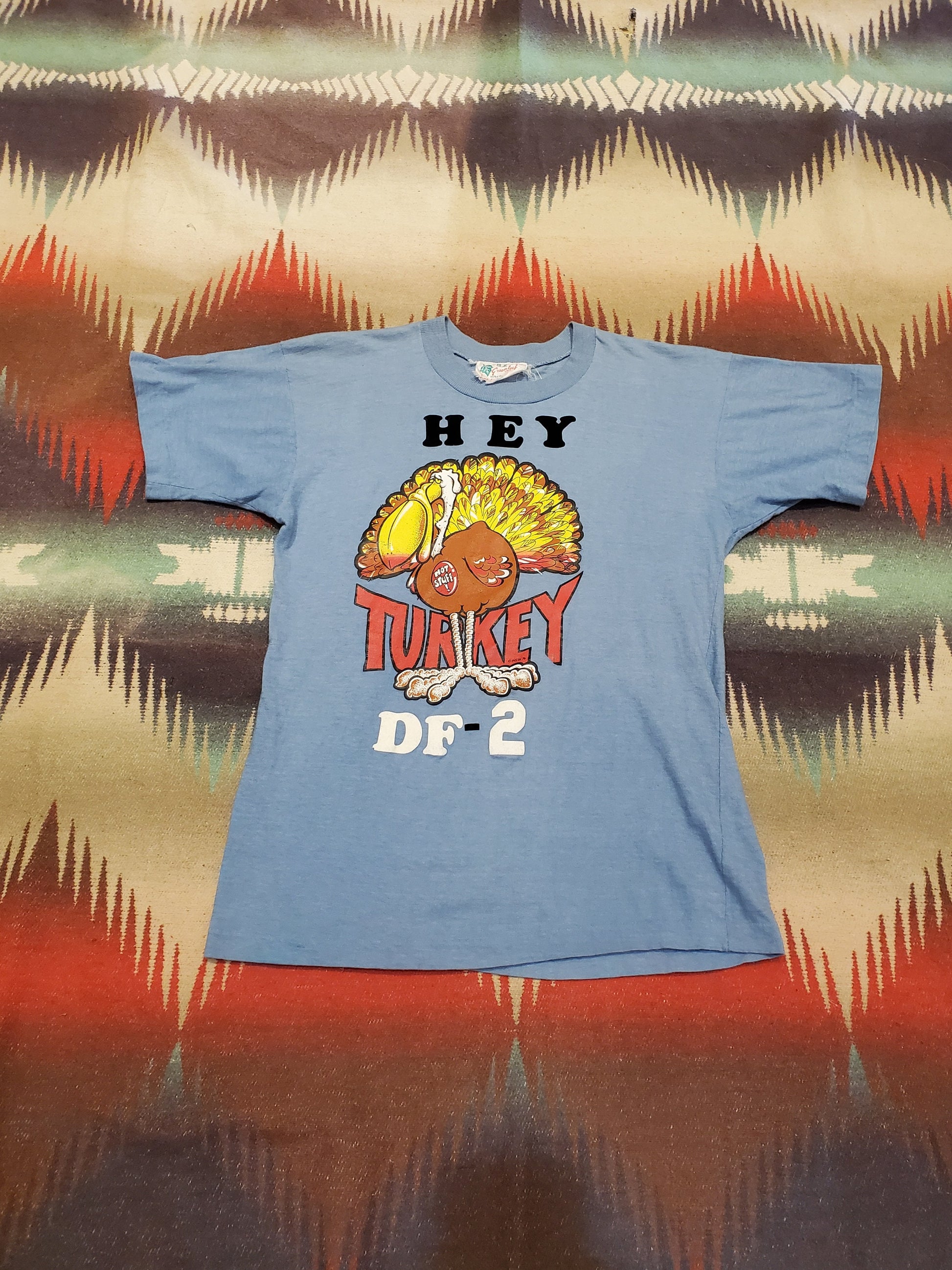 1970s 1976 Hey Turkey Hot Stuff DF-2 Flock Letter Print T-Shirt Size S