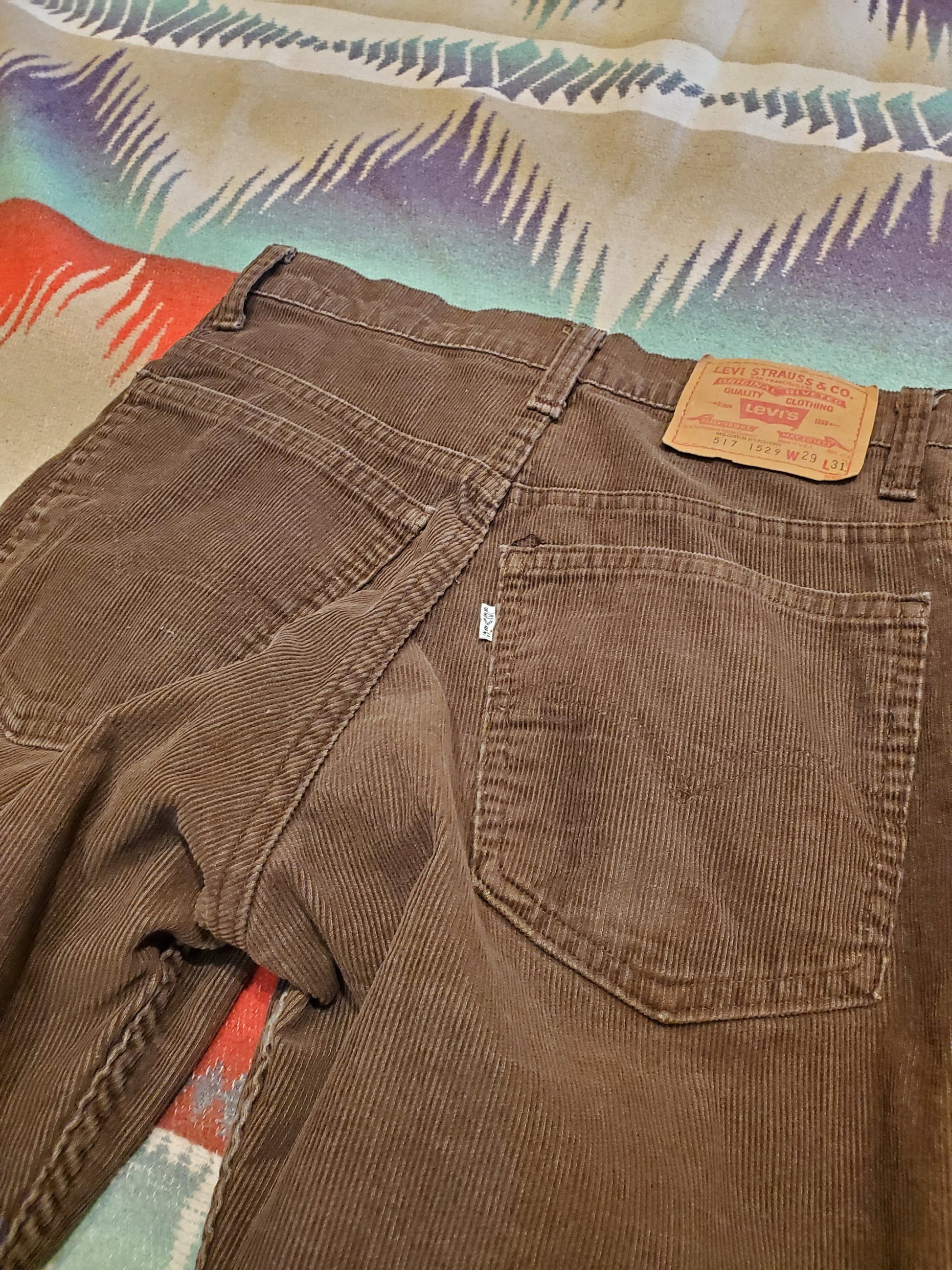 1980s Levi's 517 Brown Corduroy Boot Cut Pants Made in USA Size 27x29