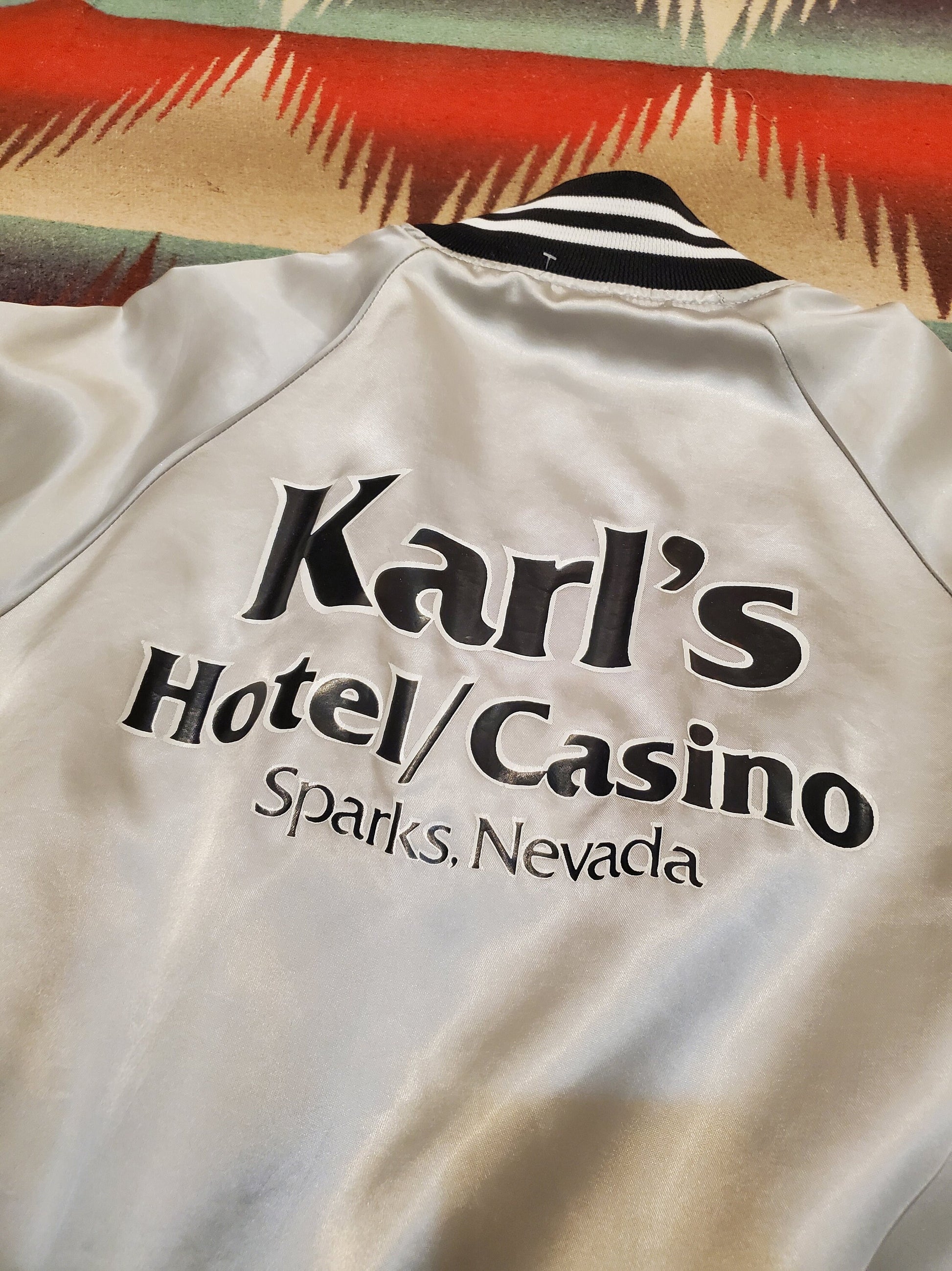 1980s/1990s Karl's Hotel/Casino Sparks Nevada Satin Bomber Jacket Made in USA Size M