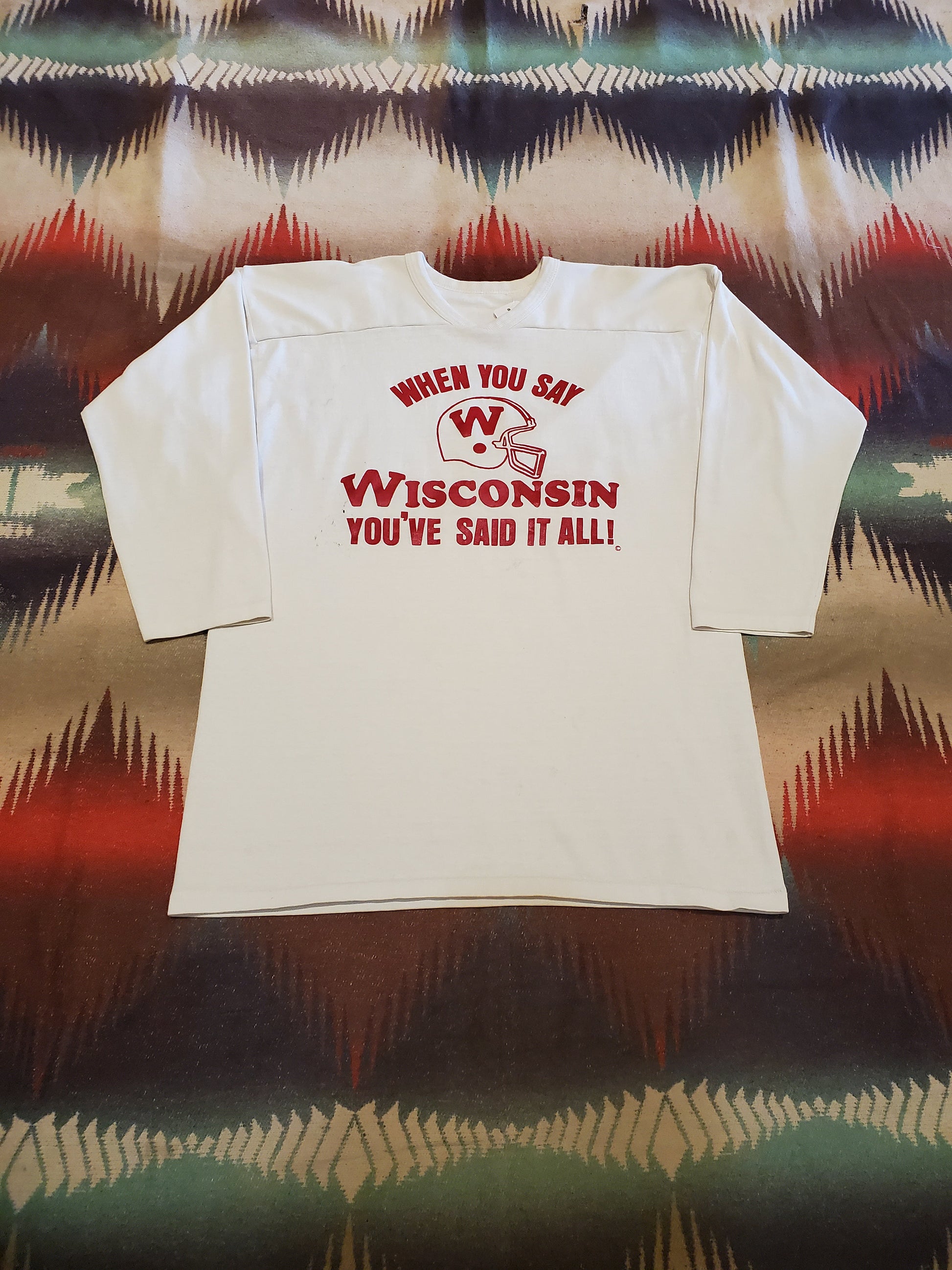 1970s Russell Athletic When You Say Wisconsin Longsleeve Cotton Blend Football Jersey Made in USA Size L