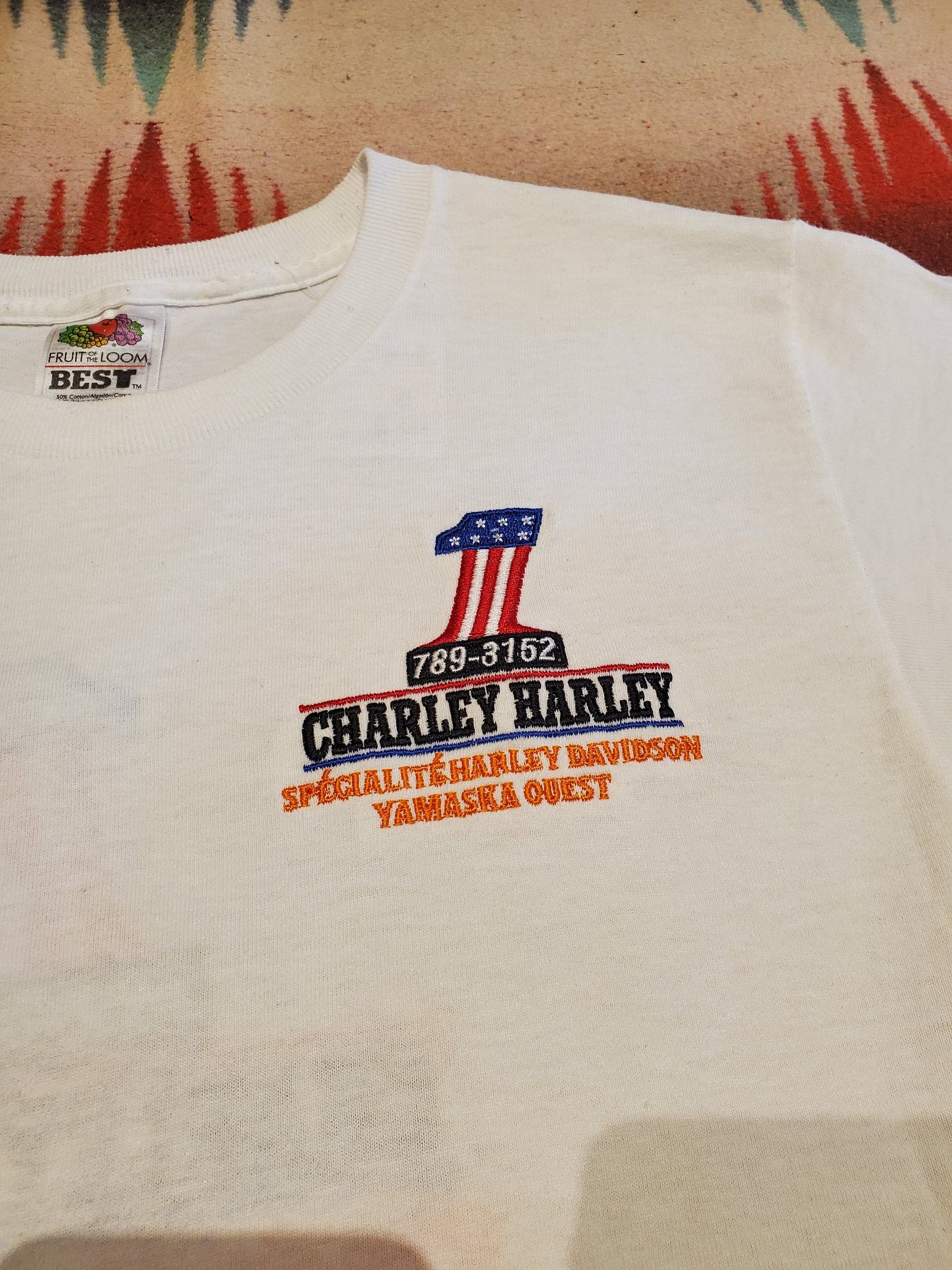 1990s Charley Harley Davidson Racing Embroidered T-Shirt Size S