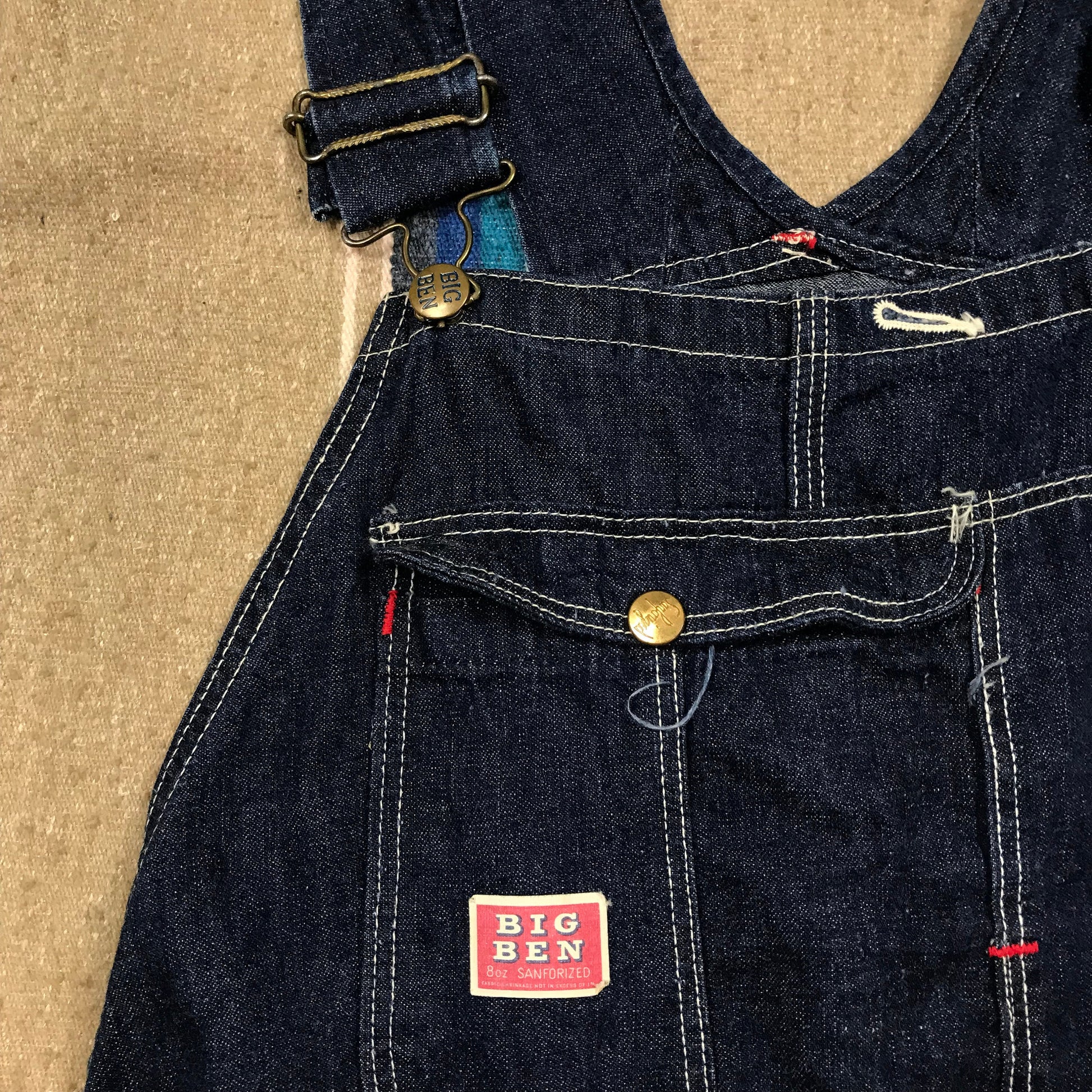 1960s Big Ben 8oz Sanforized Dark Blue Denim Cut-Off Overalls Made in USA Size 38