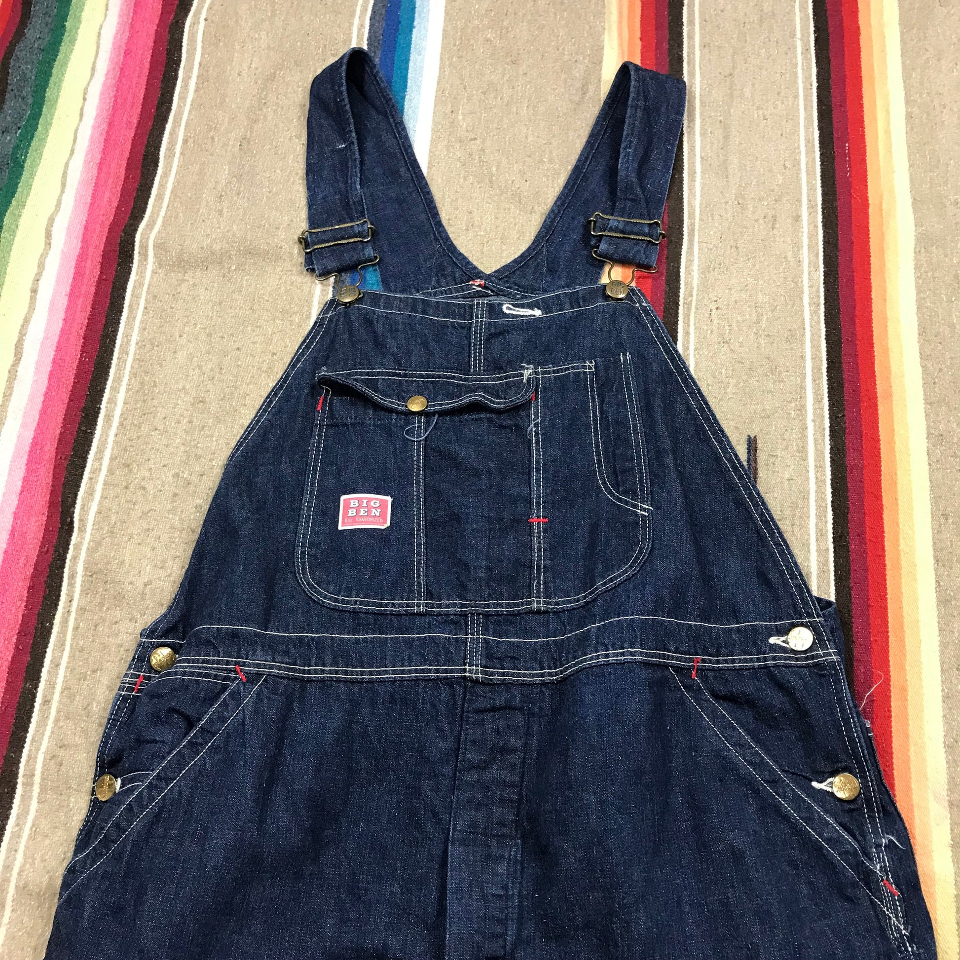 1960s Big Ben 8oz Sanforized Dark Blue Denim Cut-Off Overalls Made in USA Size 38