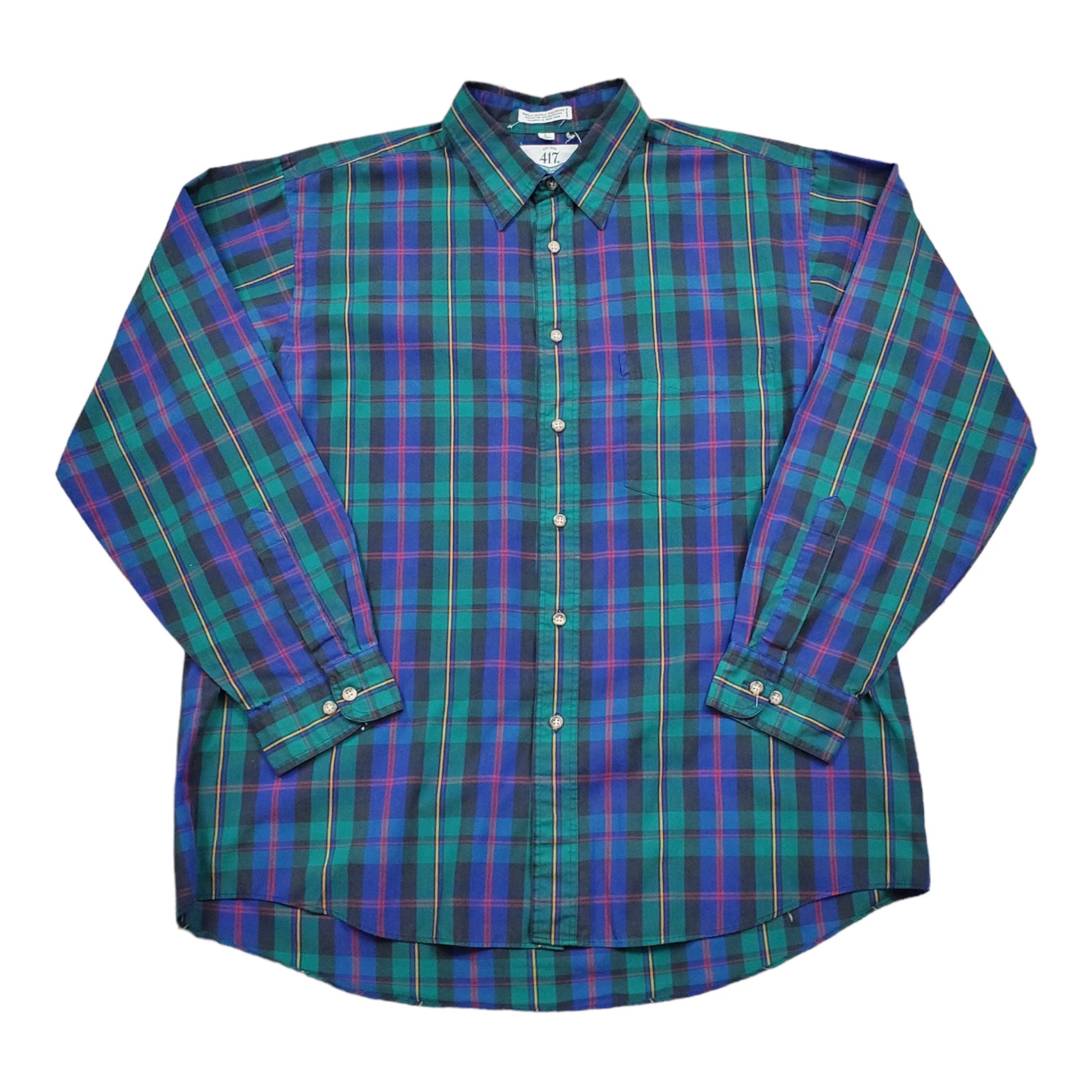 1980s/1990s Van Heusen 417 Single Needle Button Up Longlseeve Plaid Shirt Size L/XL