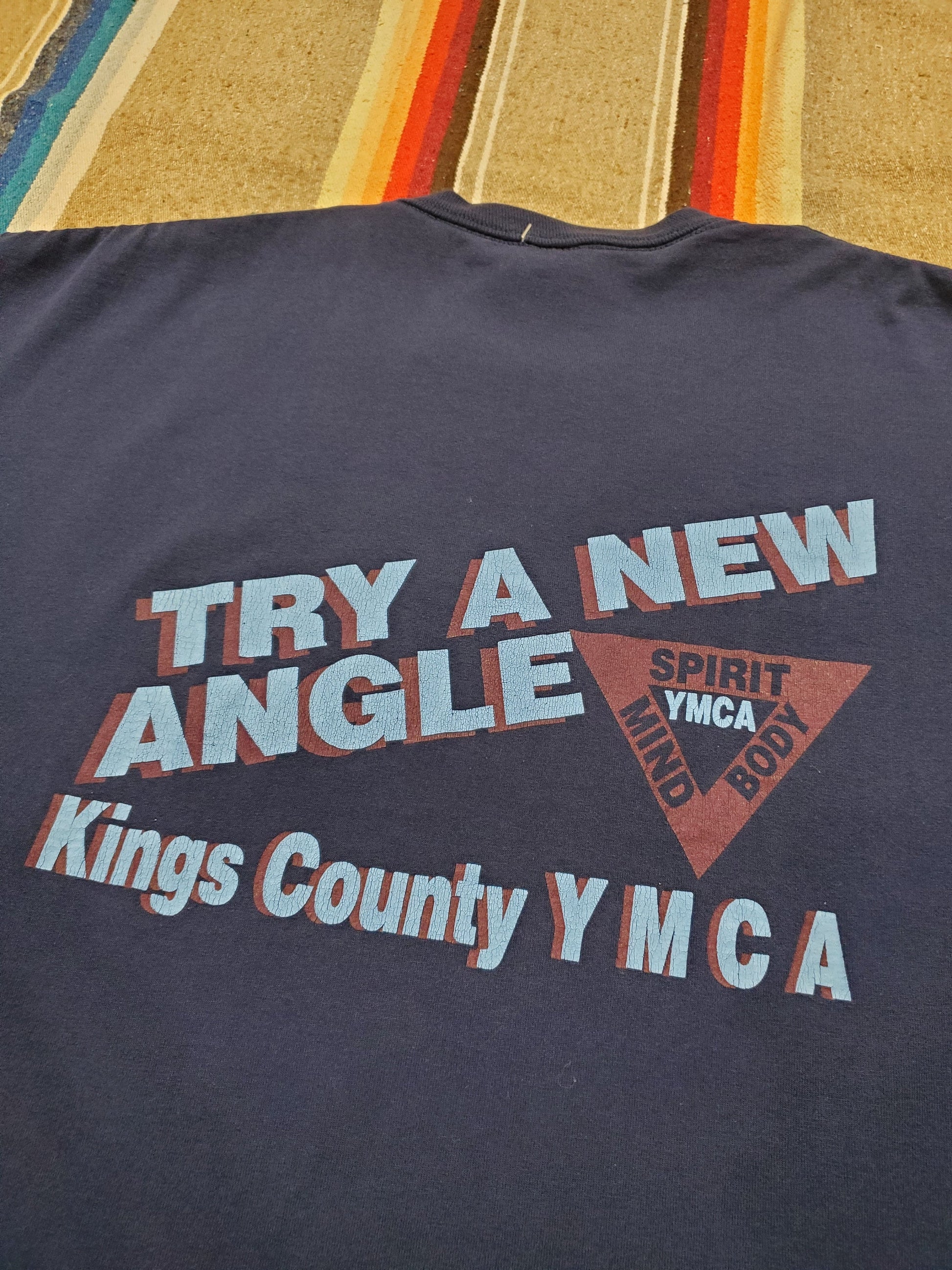 1990s Jerzees Kings County YMCA Mind Spirit Body Try a New Angle T-Shirt Made in USA Size xl/xxl