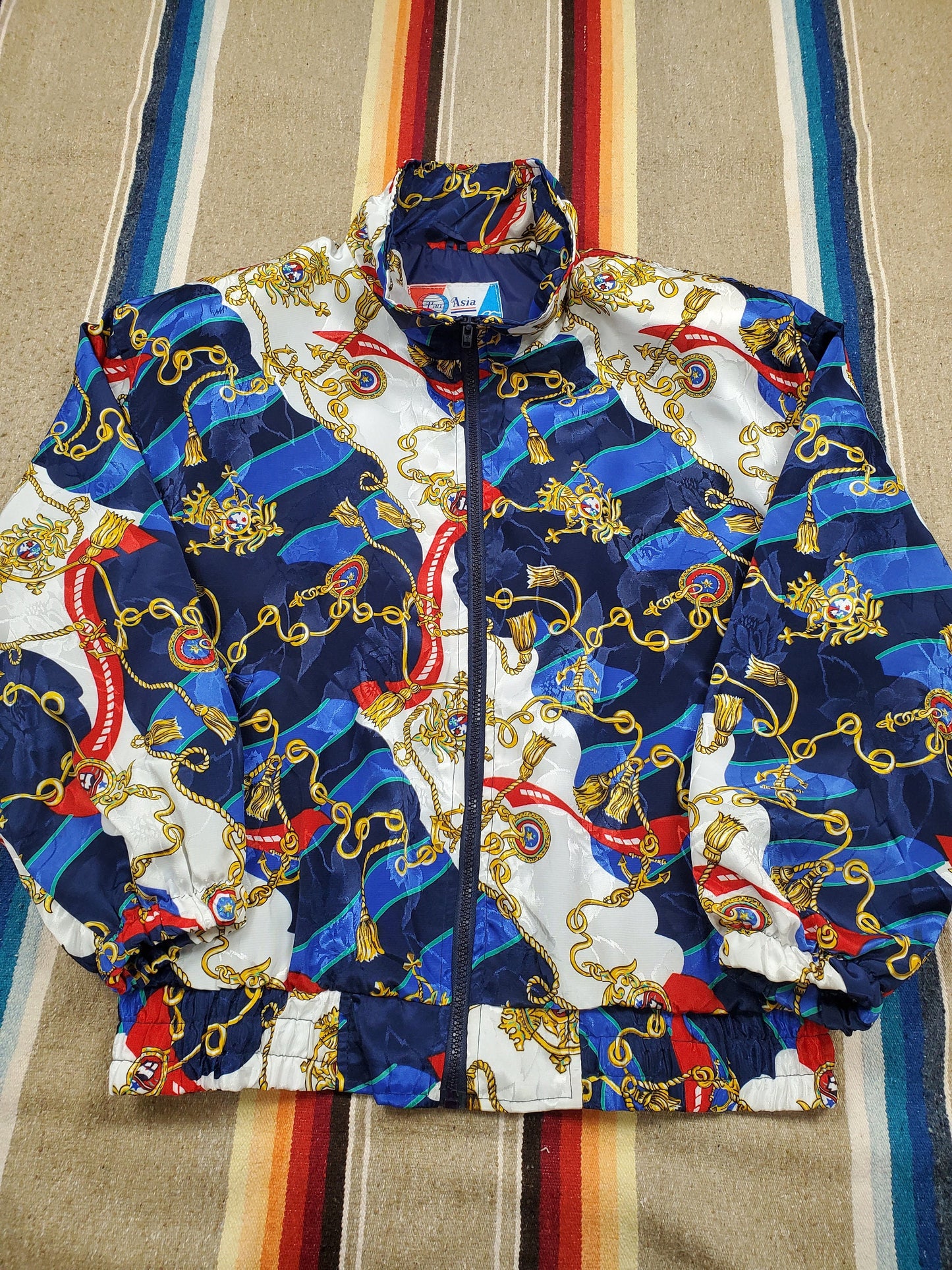 1980s/1990s Pan Asia Red & Blue Nautical Tassles Silk Scarf Style Nylon Jacket Size M