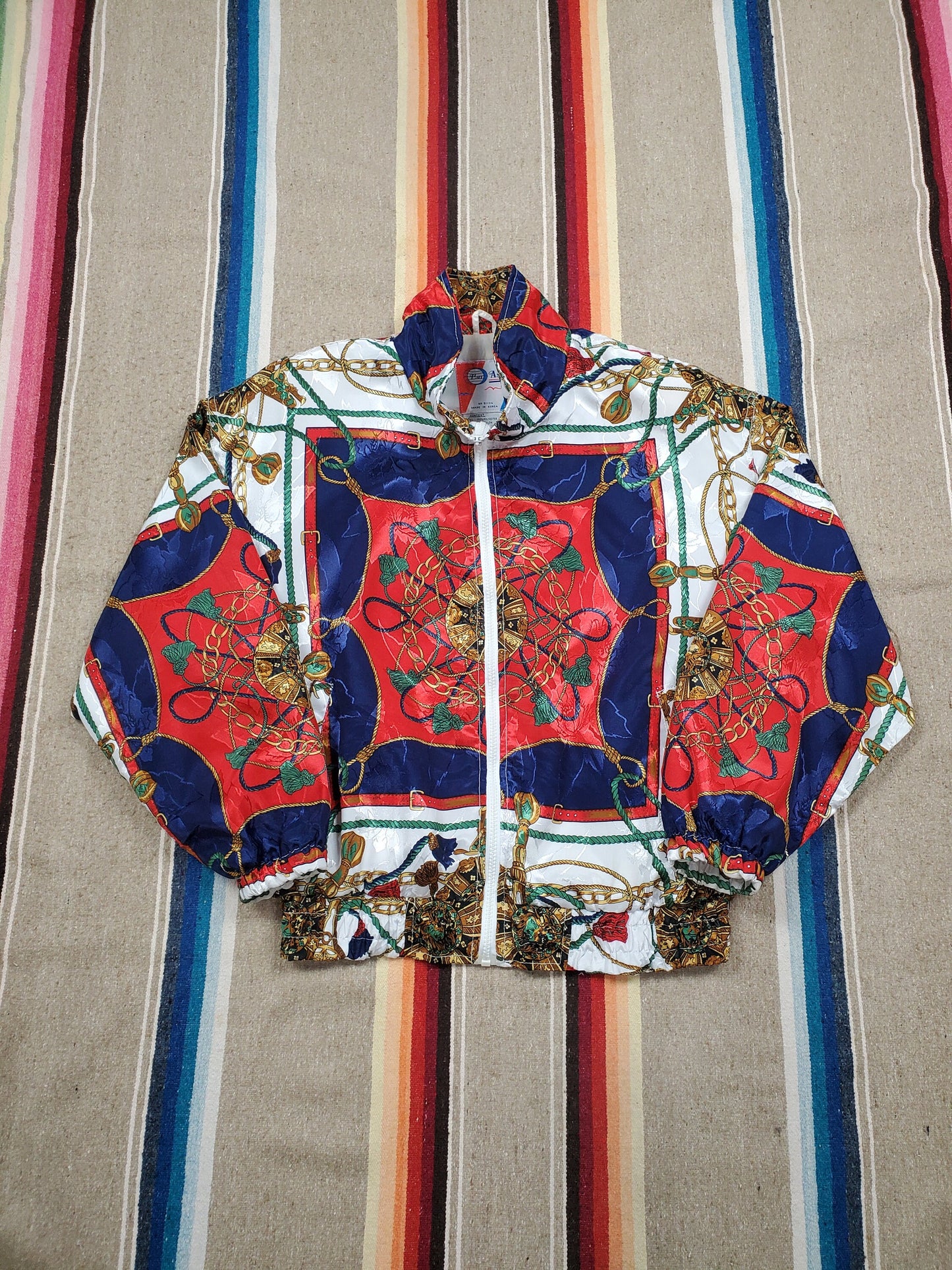 1980s/1990s Pan Asia Red & Blue Tassles Silk Scarf Style Nylon Jacket Size M/L