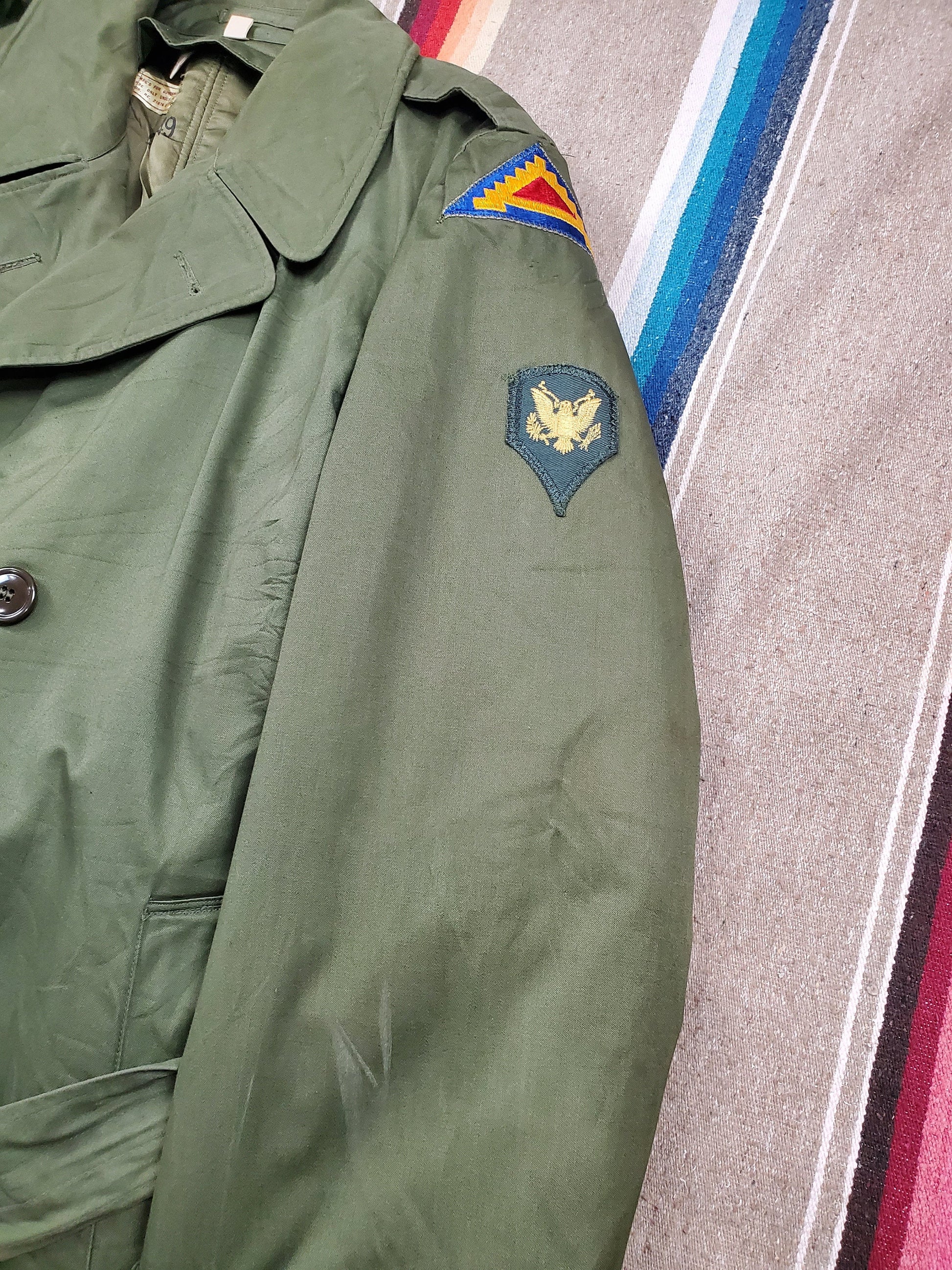 1950s US Army Overcoat with Removable Wool Lining 7th Army Specialist Patches Made in USA Size M