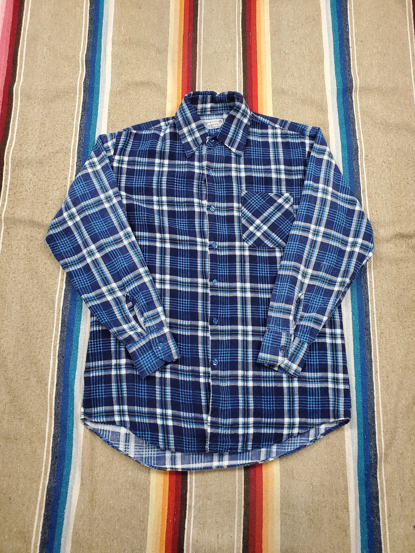 1980s K-Mart Blue Plaid Printed Cotton Flannel Shirt Size M/L