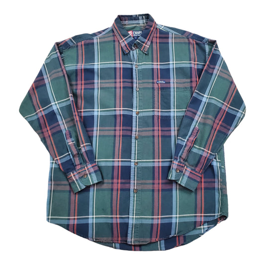2000s Chaps Ralph Lauren Green Plaid Button Down Shirt Size L/XL
