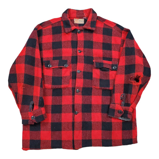 1960s Humphrey Distressed Red Buffalo Plaid Wool Blend Shirt Jacket Size L